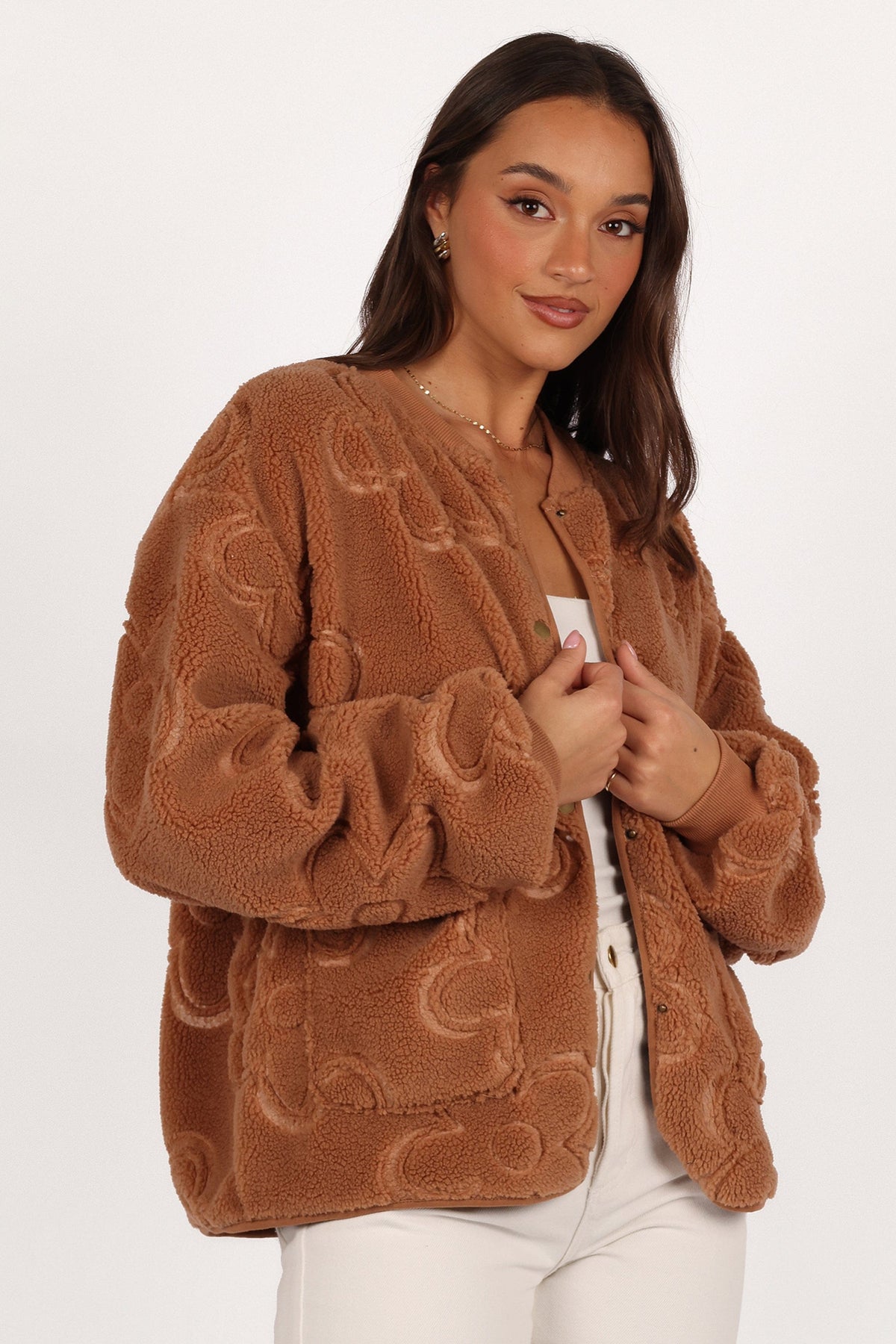 Lasky Flower Pattern Button Down Jacket in Camel – view 5 of 7