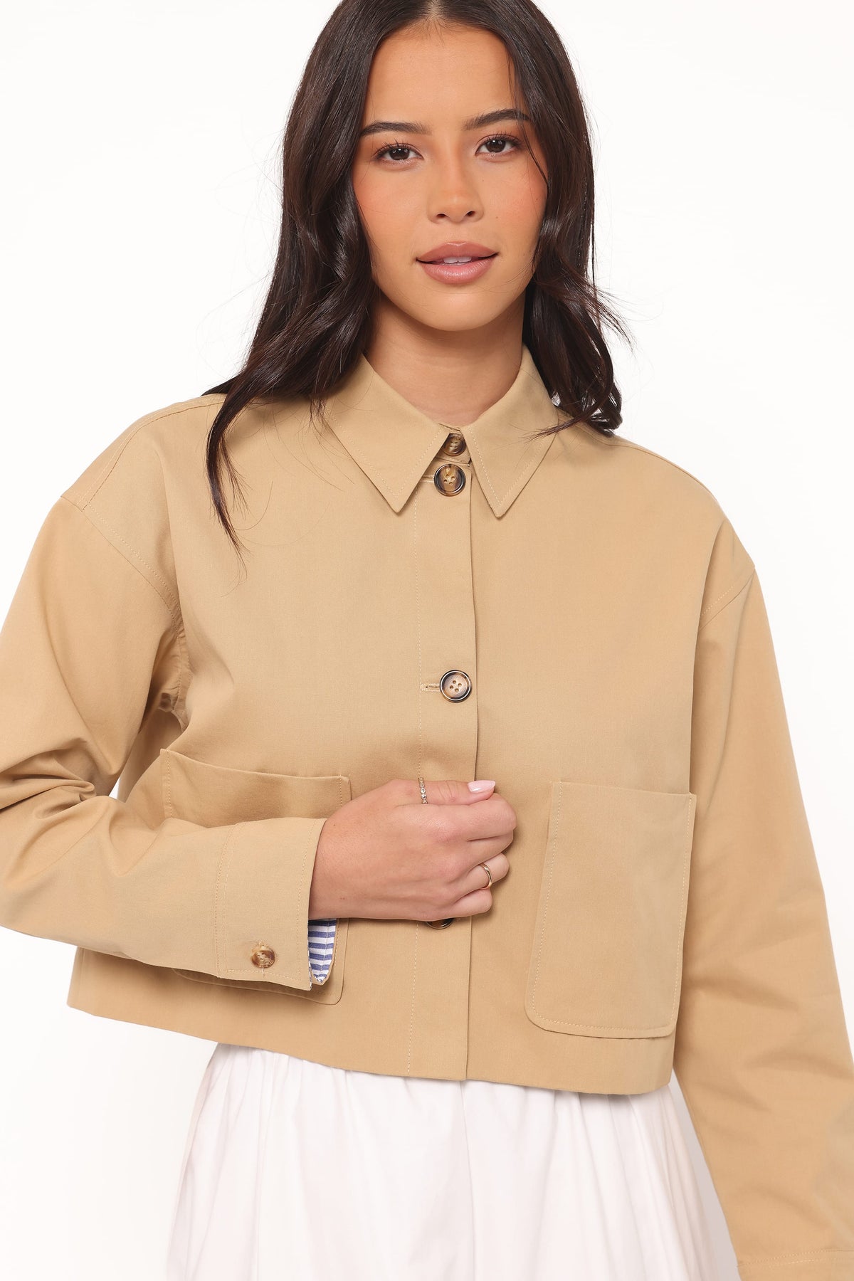 Mattie Cropped Trucker Jacket in Taupe – view 7 of 9