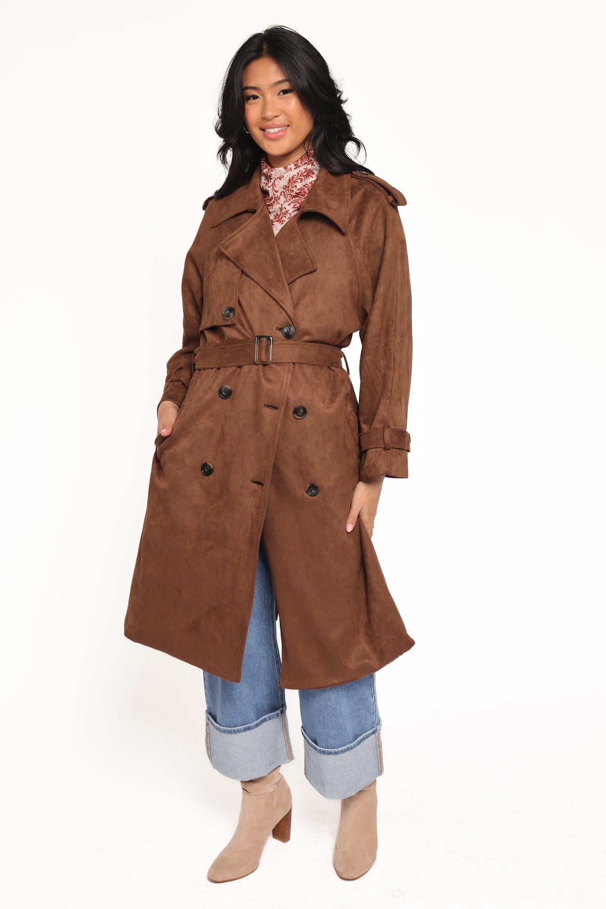 Micha Faux Suede Trench Coat in Brown – view 6 of 7