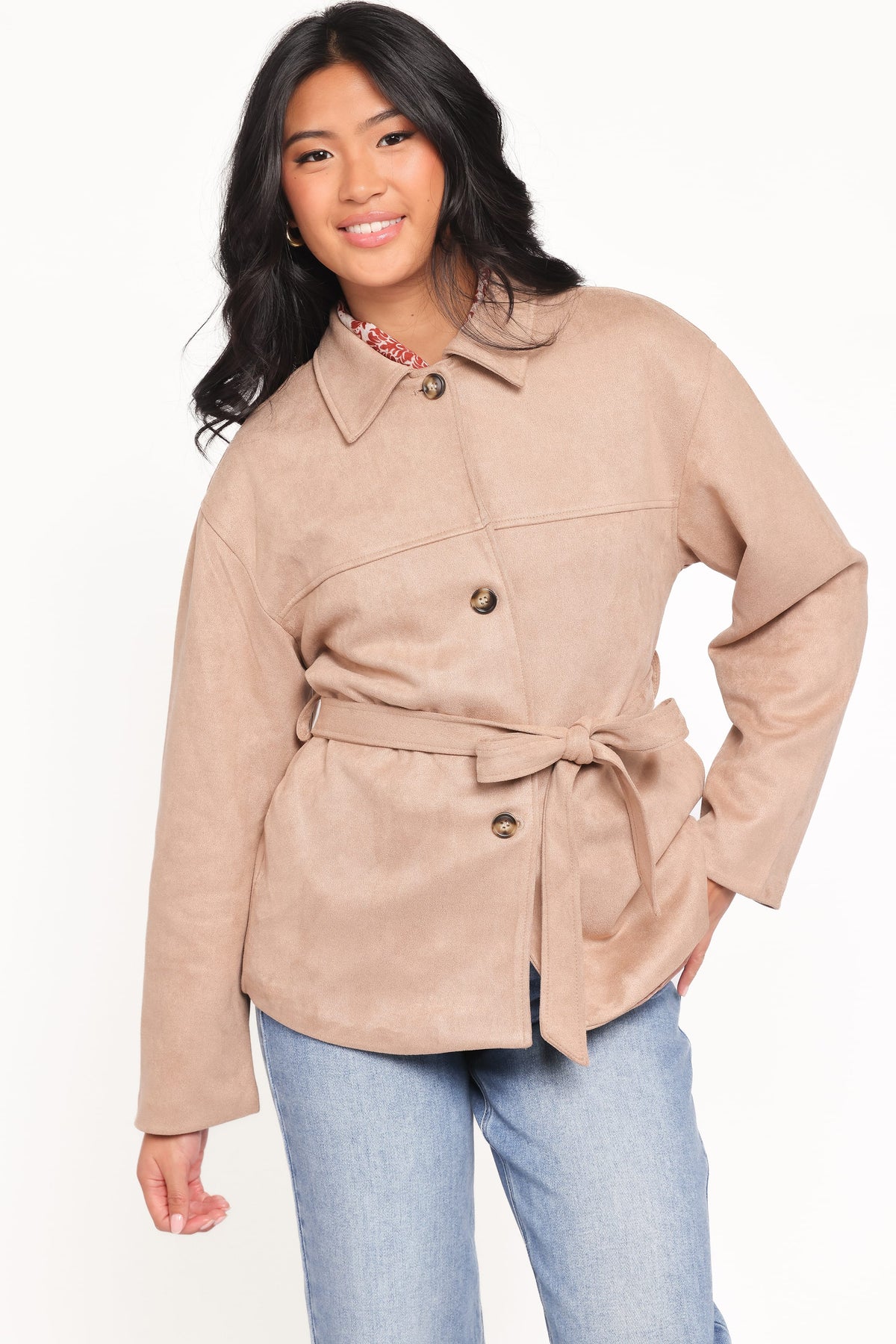 Nelly Faux Suede Cropped Trench Coat in Mushroom – view 2 of 8