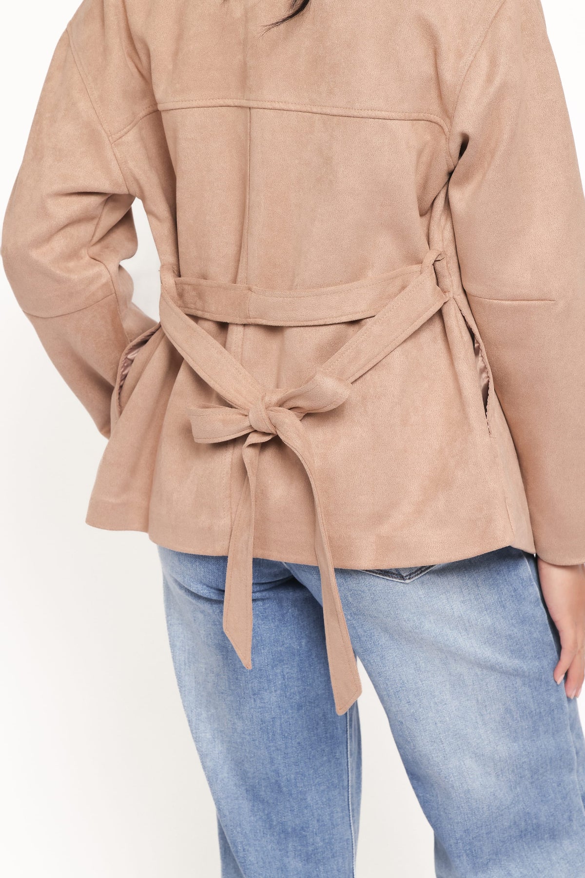 Nelly Faux Suede Cropped Trench Coat in Mushroom – view 5 of 8