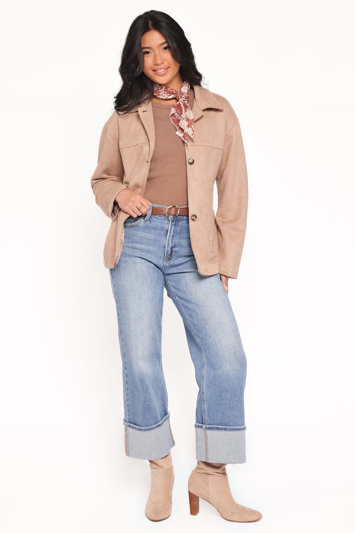 Nelly Faux Suede Cropped Trench Coat in Mushroom – view 1 of 8