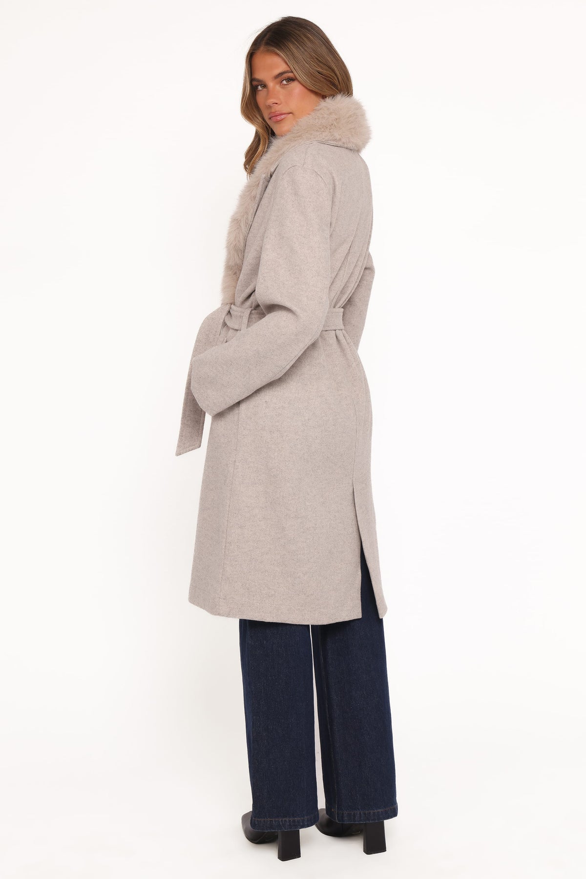 Nina Fur Collar Tie Waist Coat in Cream – view 5 of 9