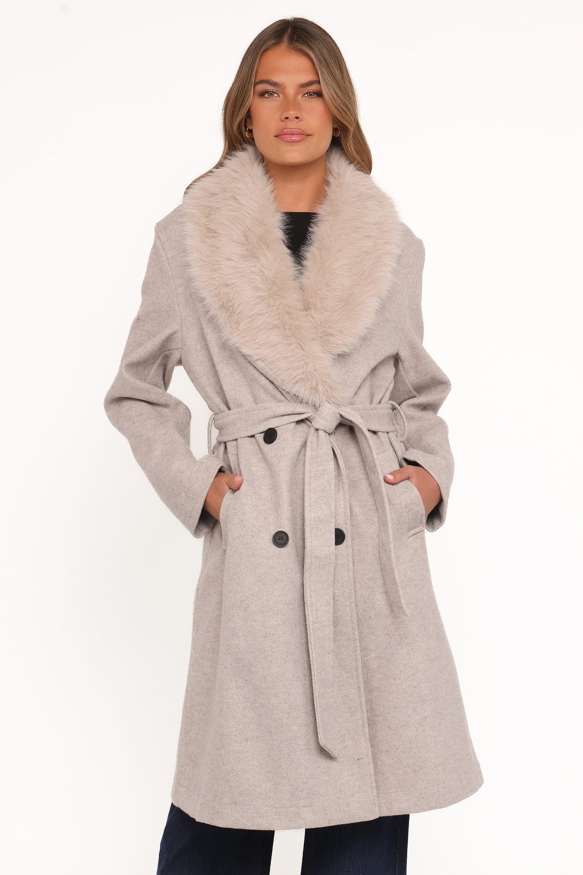 Nina Fur Collar Tie Waist Coat in Cream – view 2 of 9