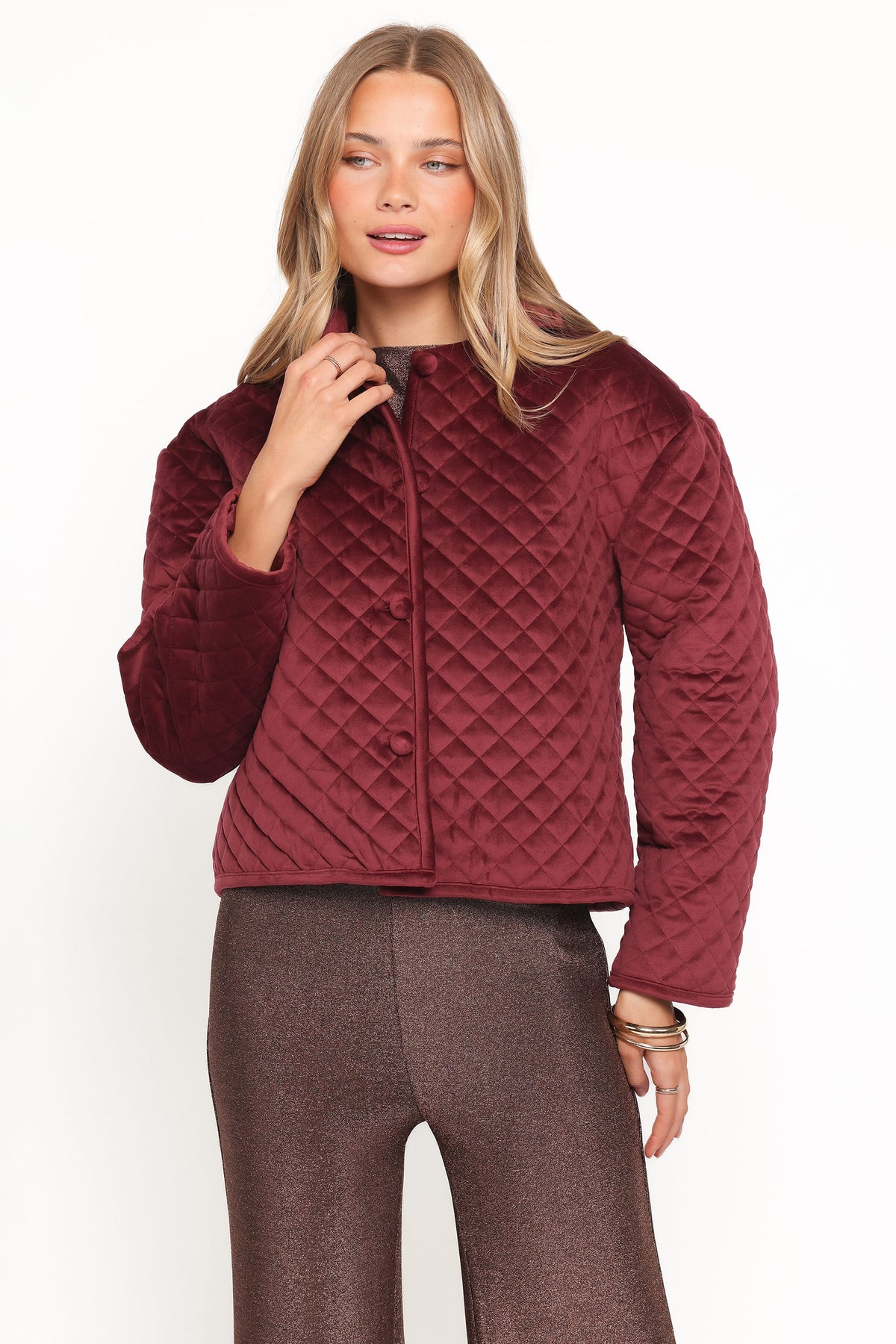 Roxanna Quilted Velvet Jacket in Wine – view 1 of 6