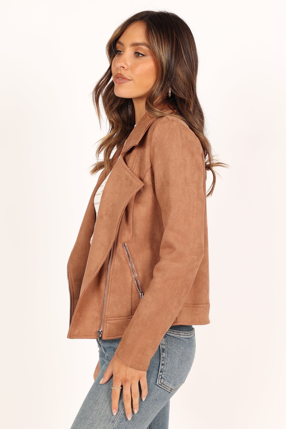 Spencer Faux Suede Moto Jacket in Tan – view 5 of 7
