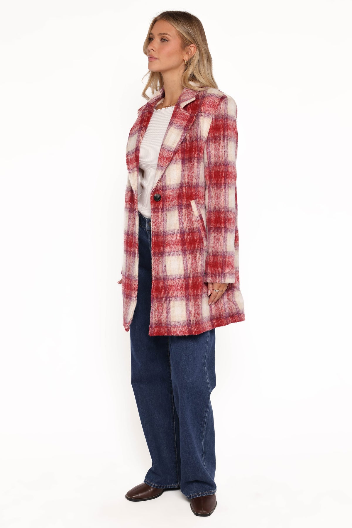 Travistine Long Plaid Coat in Pink – view 3 of 8