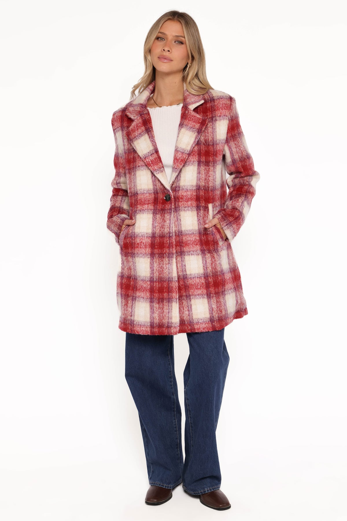 Travistine Long Plaid Coat in Pink – view 1 of 8