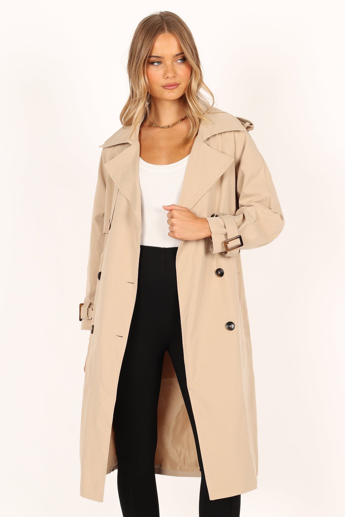 Trina Button Front Trench Coat in Beige – view 8 of 13