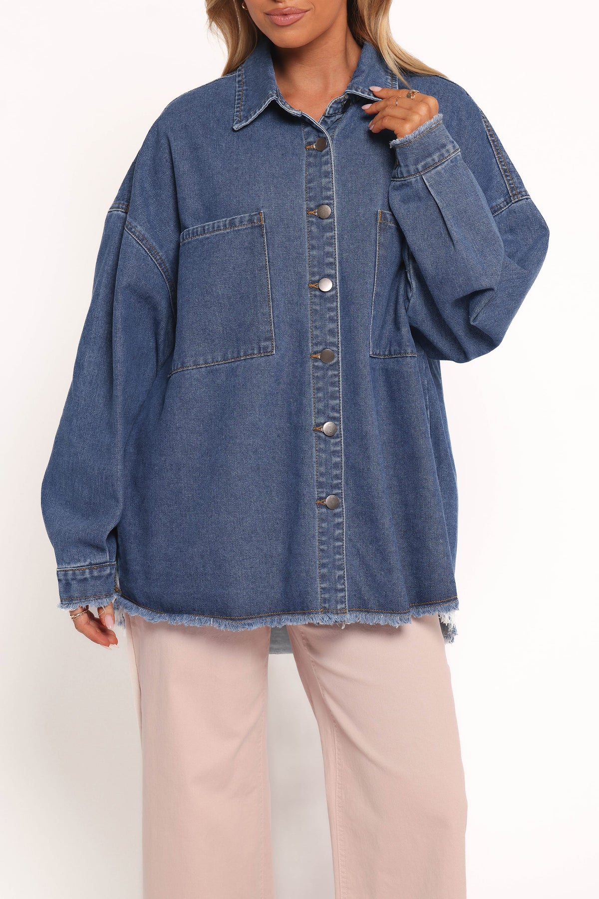 Twiggy Frayed Edge Denim Shacket in Denim – view 2 of 6