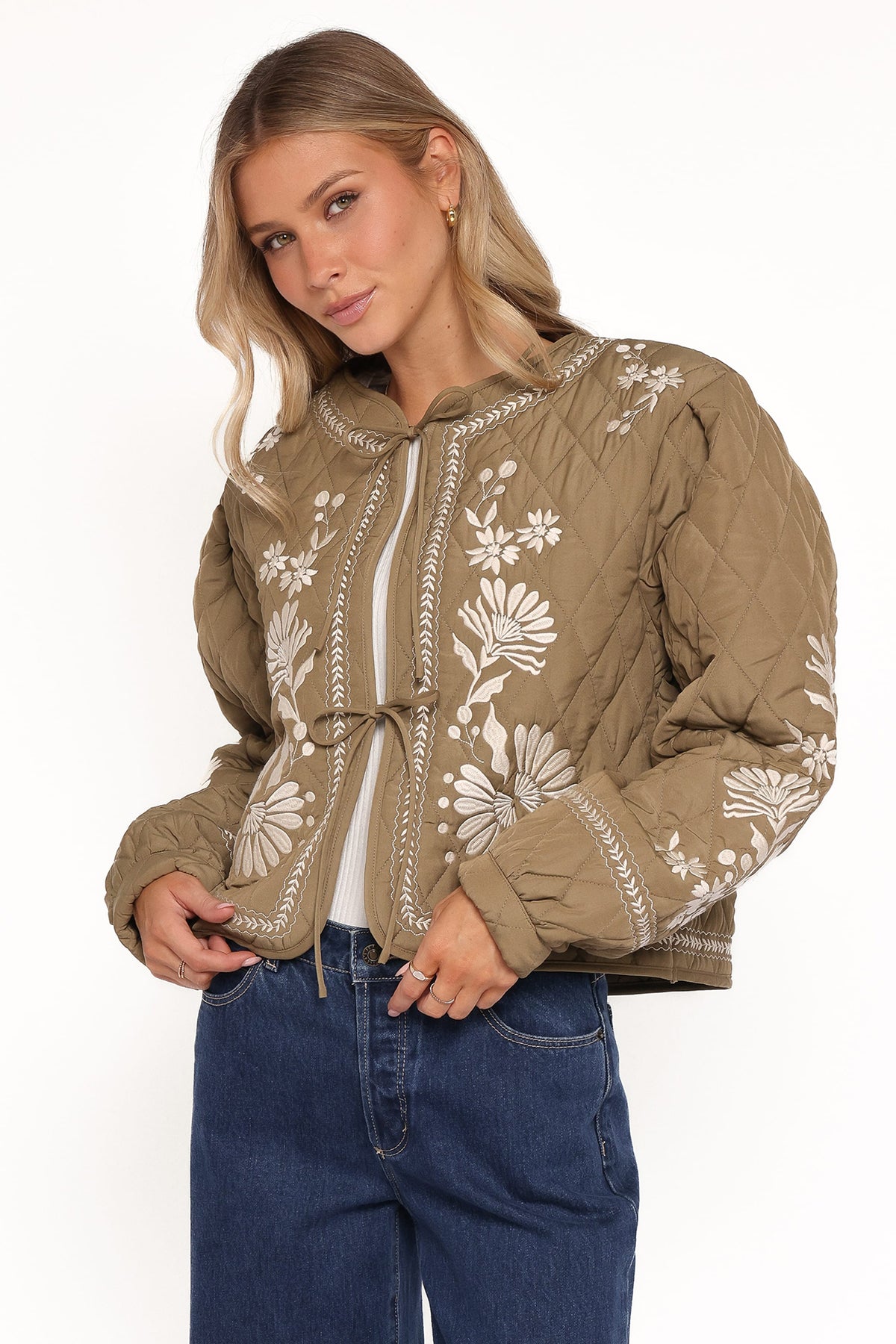 Vako Quilted Embroidered Jacket in Olive – view 3 of 7