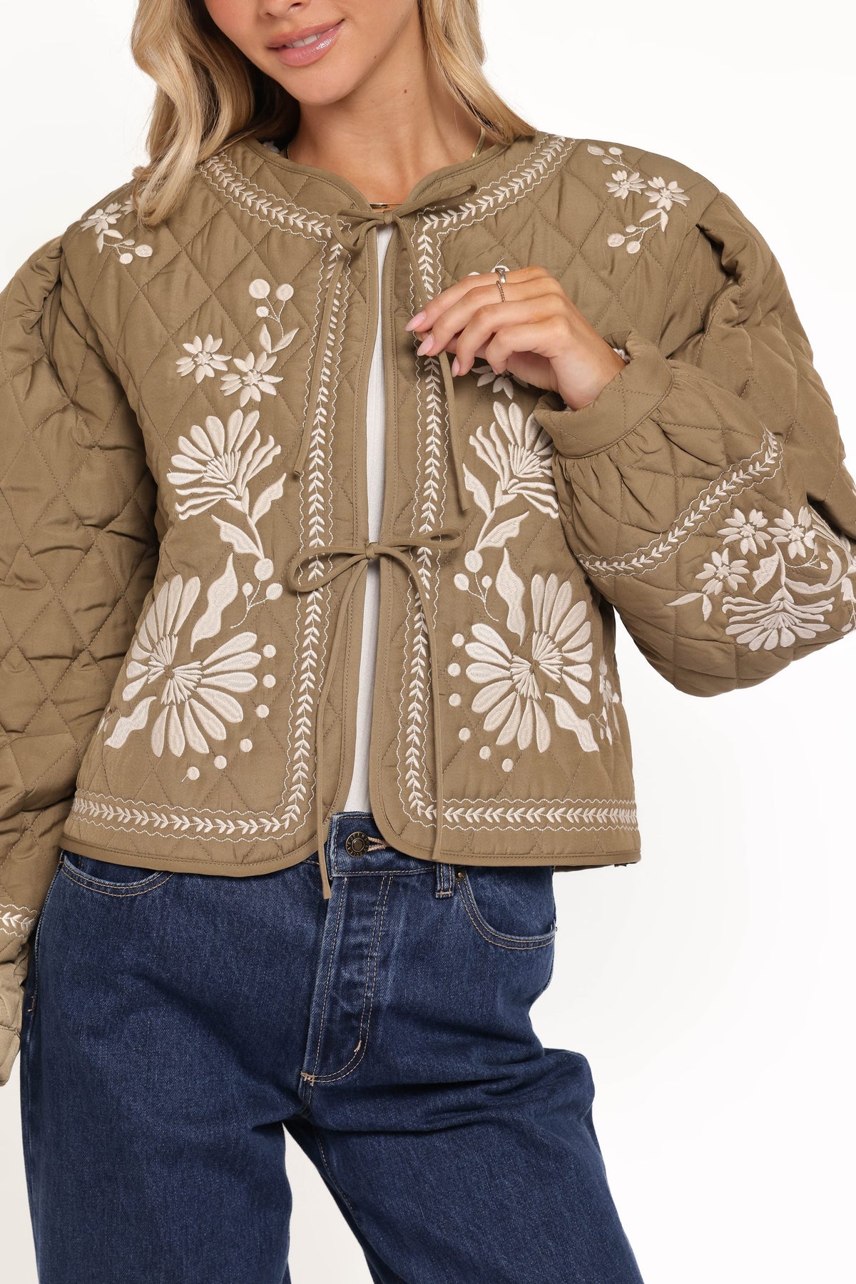 Vako Quilted Embroidered Jacket in Olive – view 2 of 7