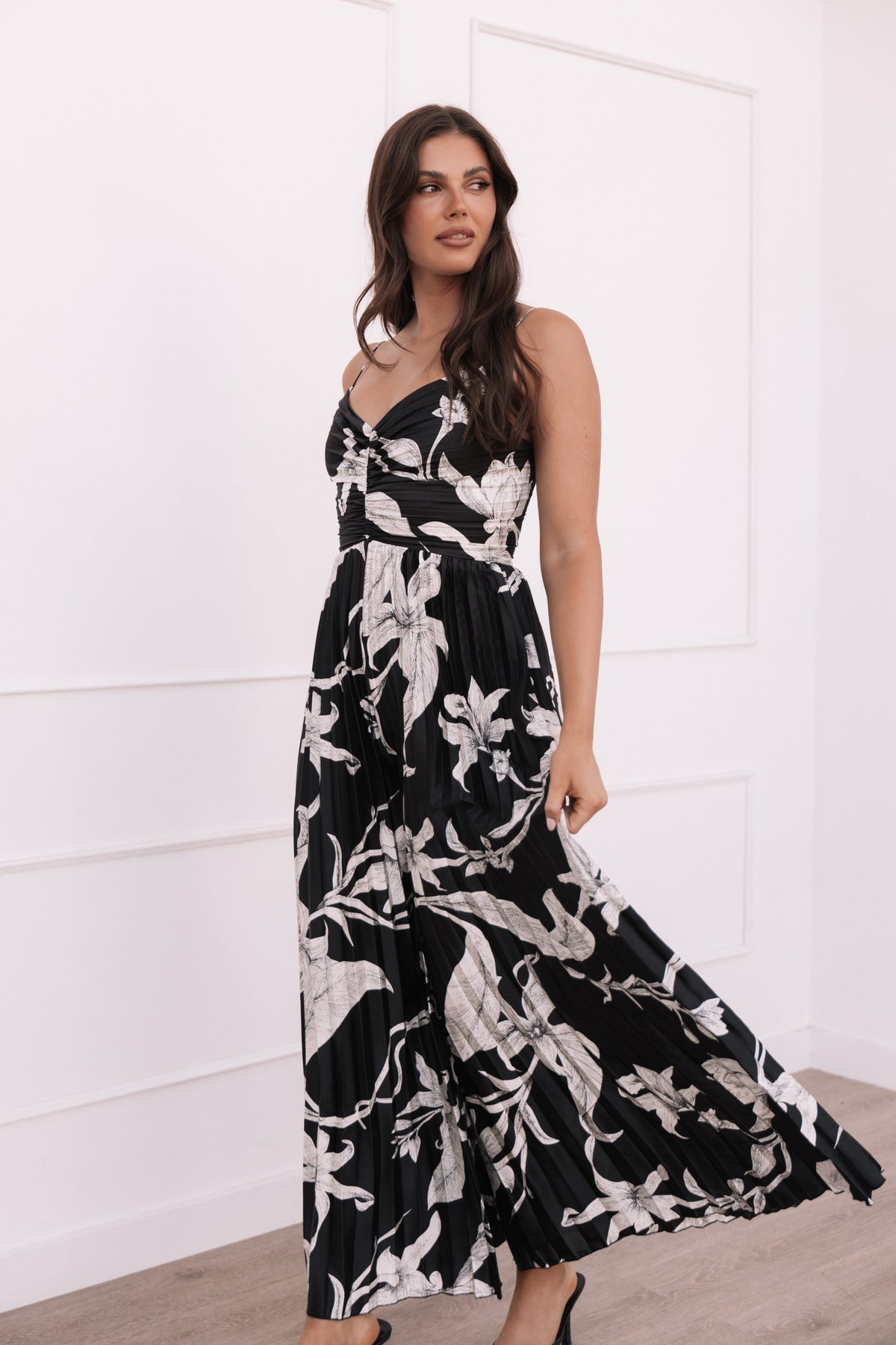 Angelique Pleated Jumpsuit in Black Floral – view 2 of 8