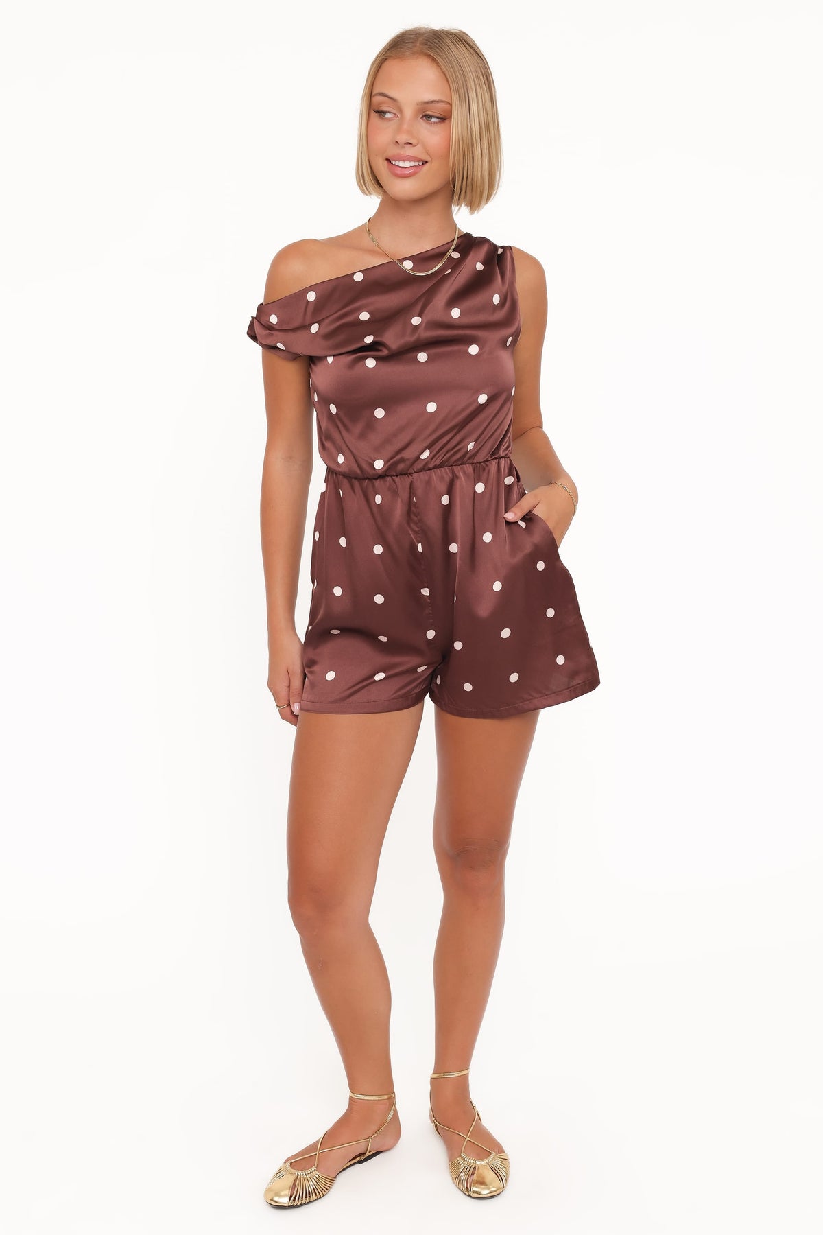 Cassidy One Shoulder Romper in Brown Polka Dot – view 5 of 6