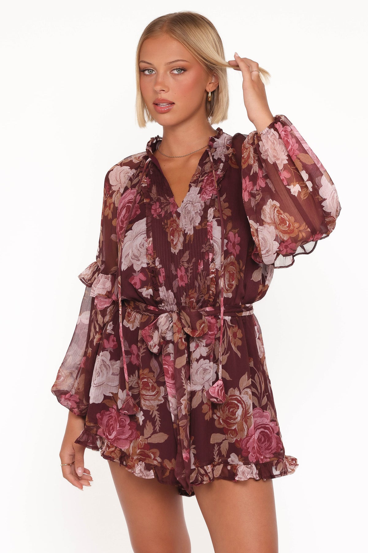 Delaney Long Sleeve Romper in Brandy Bloom – view 1 of 6