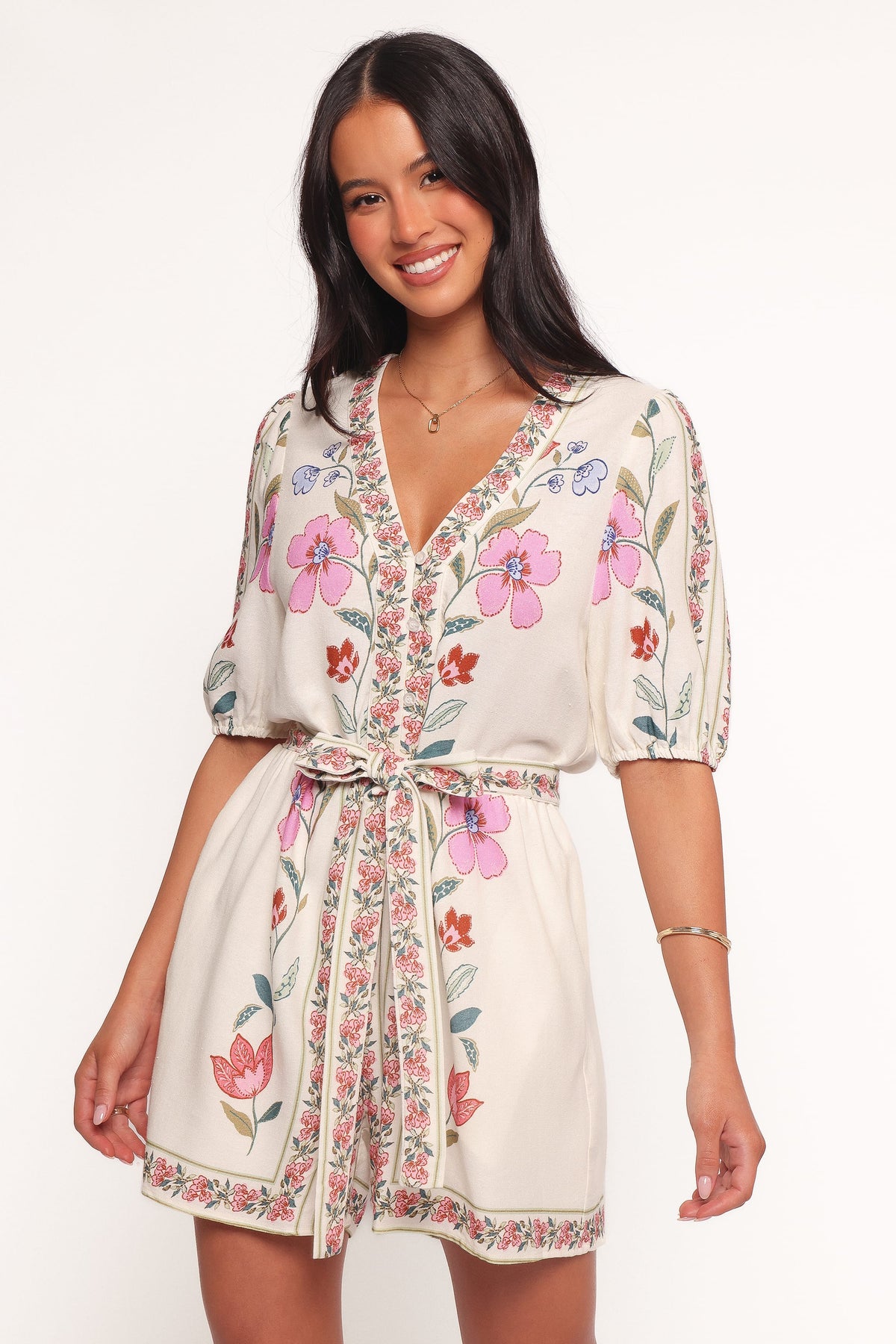 Ginger Tie Waist Romper in Pink Multi – view 1 of 6