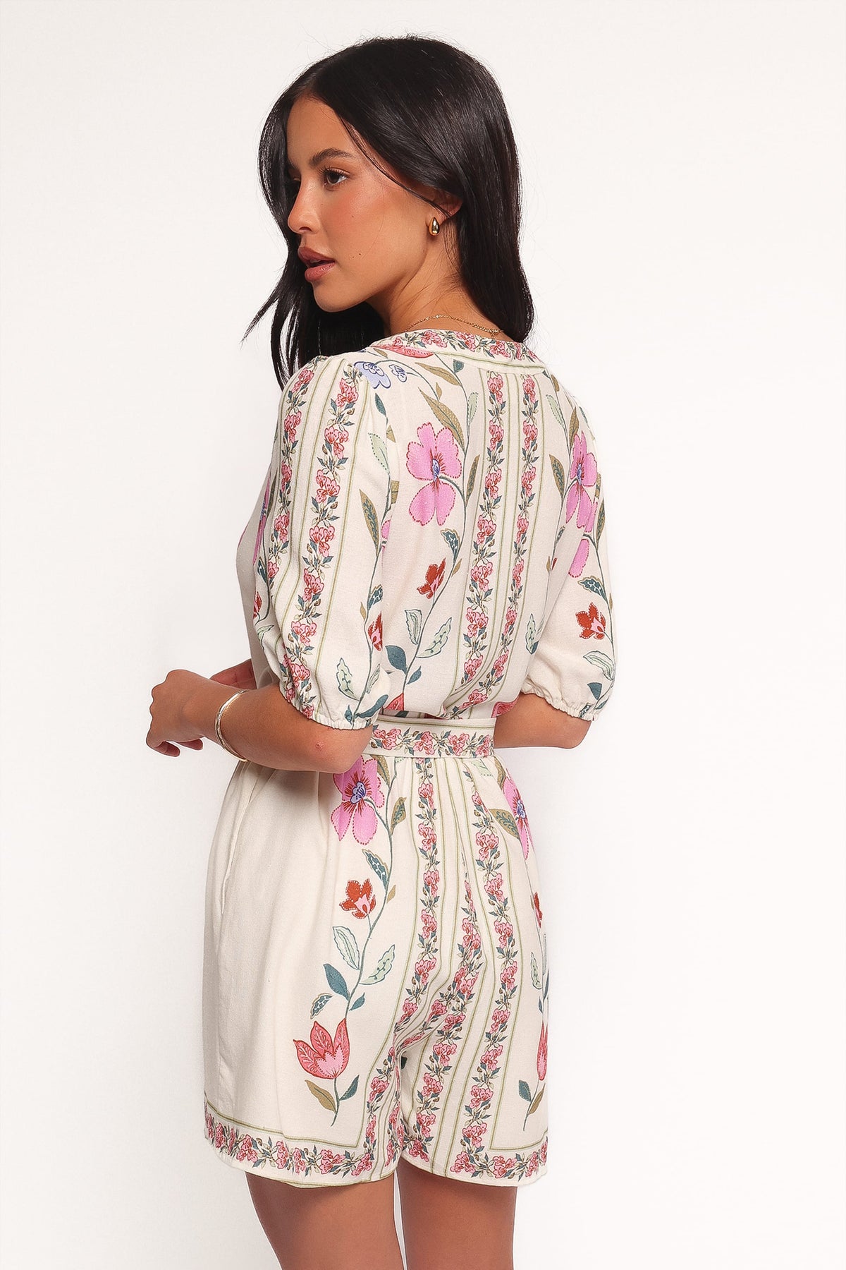 Ginger Tie Waist Romper in Pink Multi – view 4 of 6