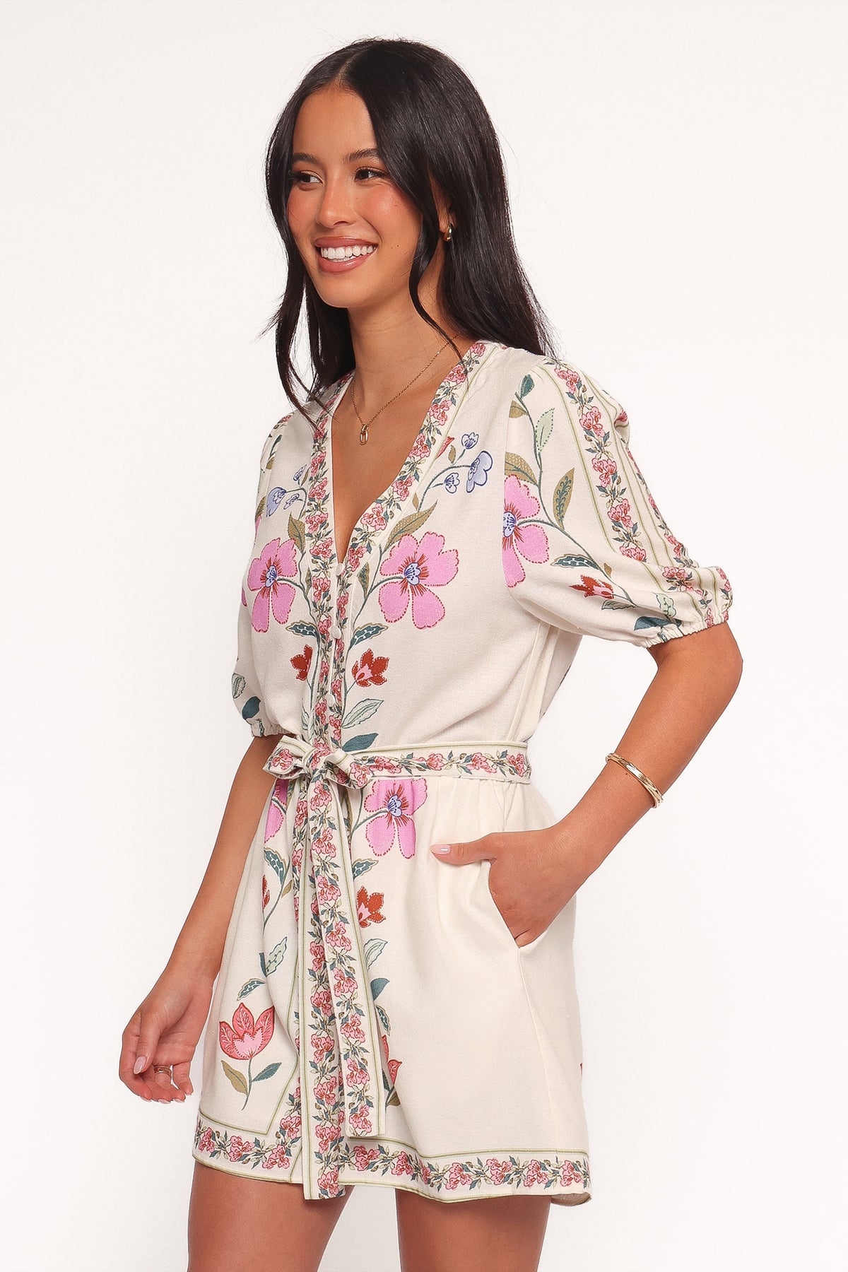 Ginger Tie Waist Romper in Pink Multi – view 3 of 6