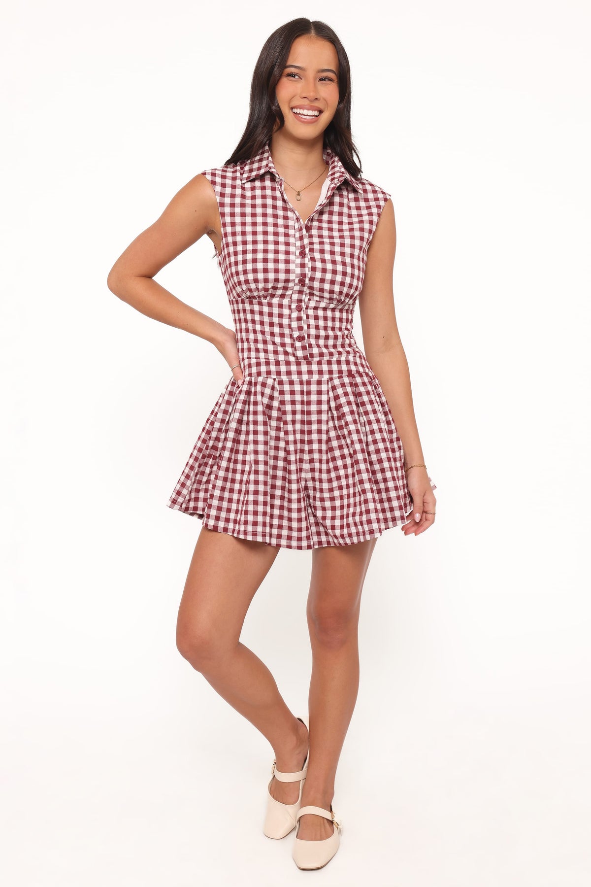 Helen Button Front Romper in Burgundy Gingham – view 6 of 7