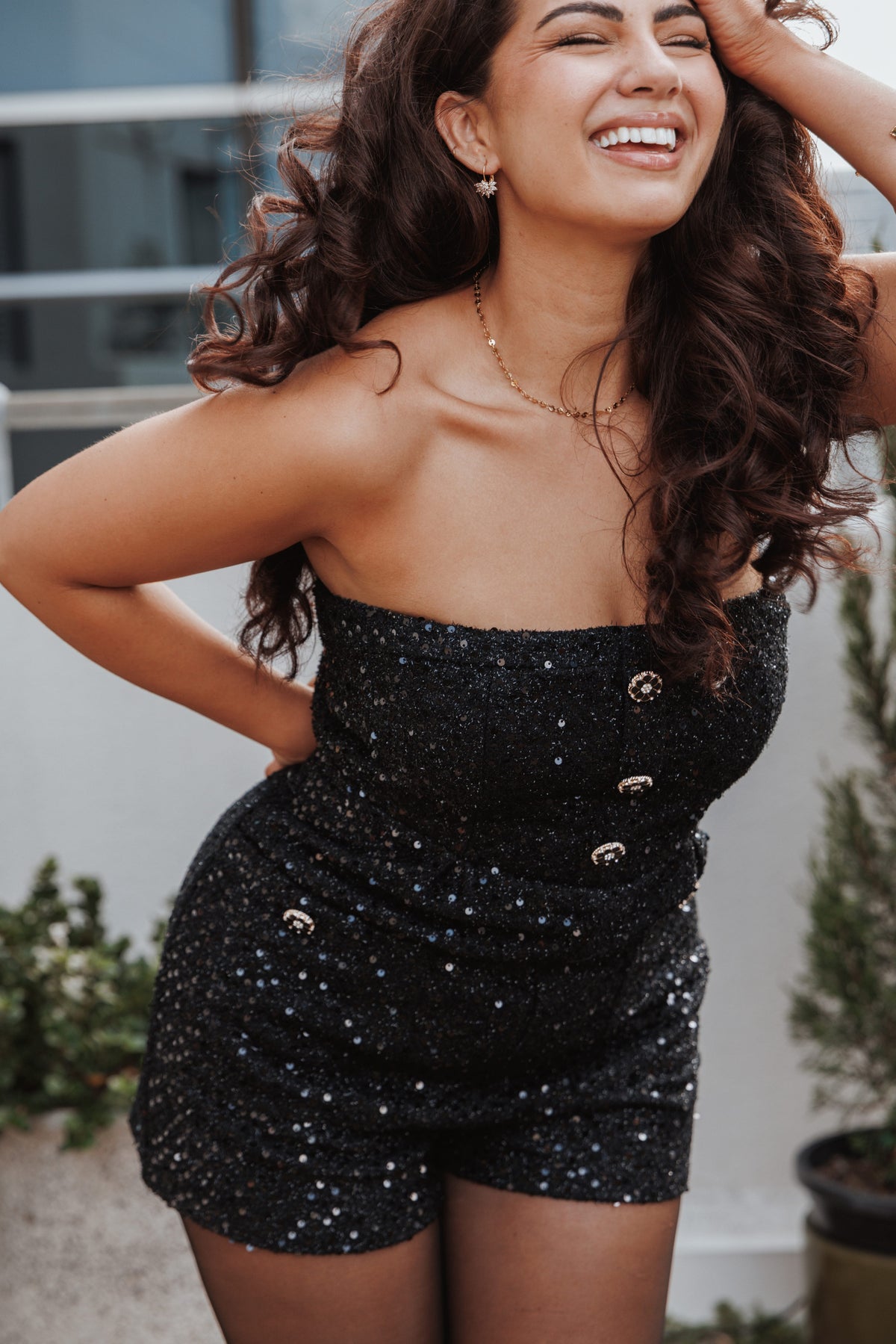 Madeline Strapless Tweed Romper in Black – view 1 of 8