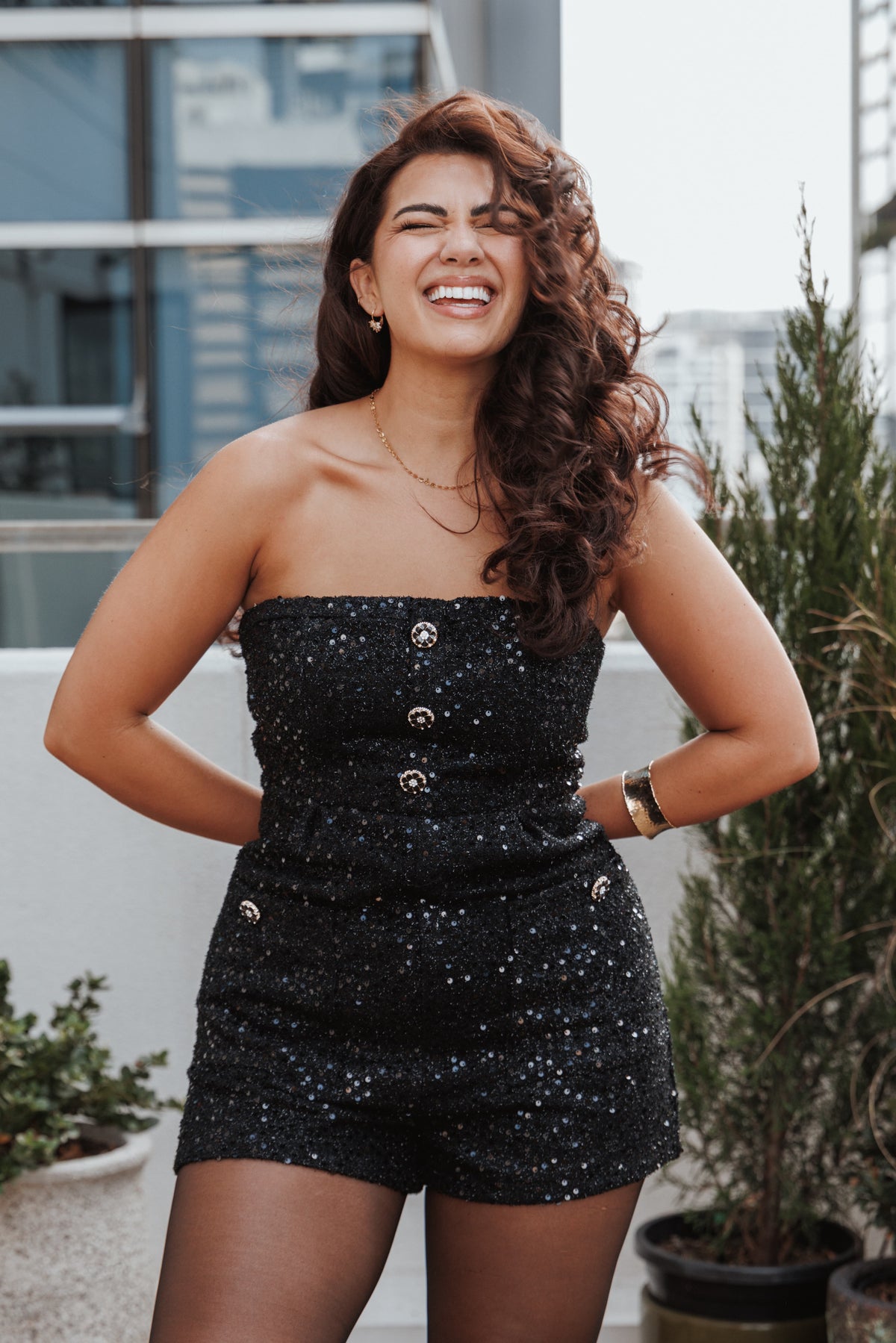 Madeline Strapless Tweed Romper in Black – view 8 of 8