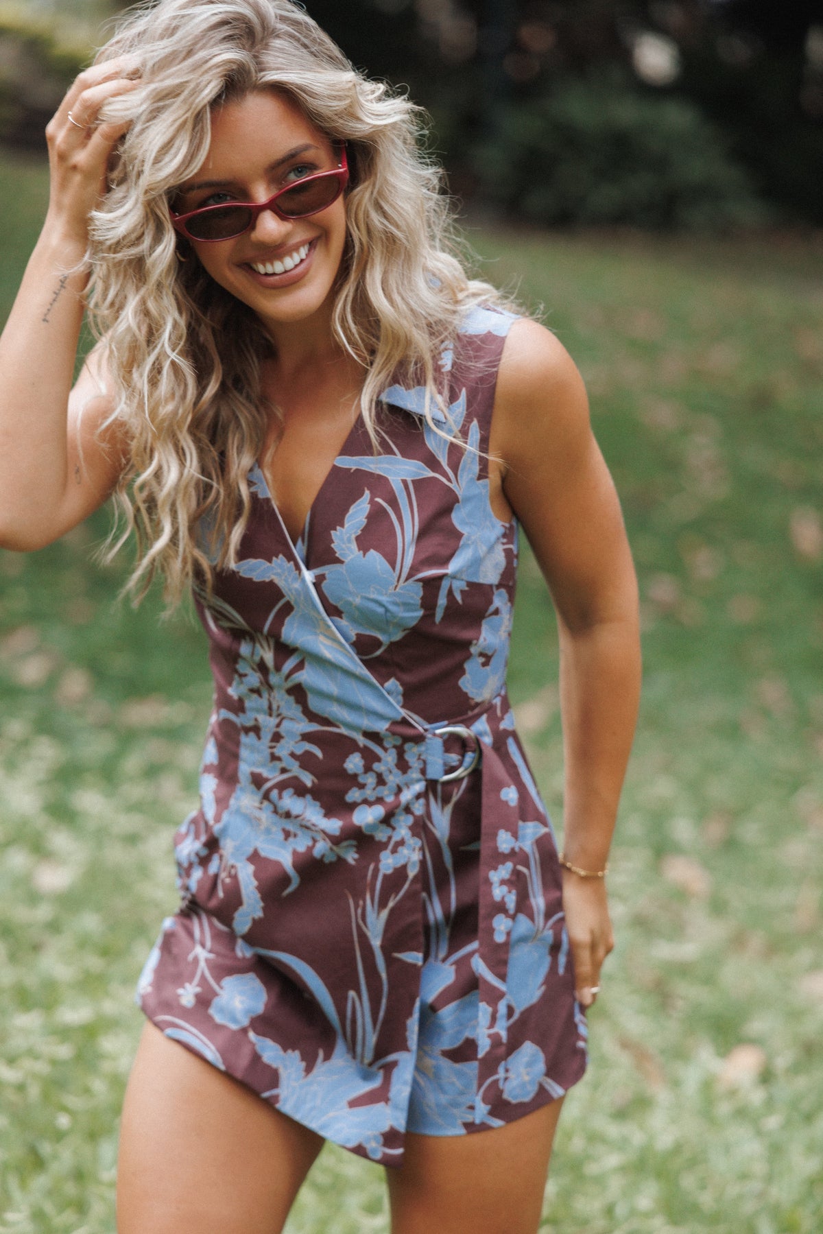Mattie Cross Front Romper in Burgundy Floral – view 1 of 7