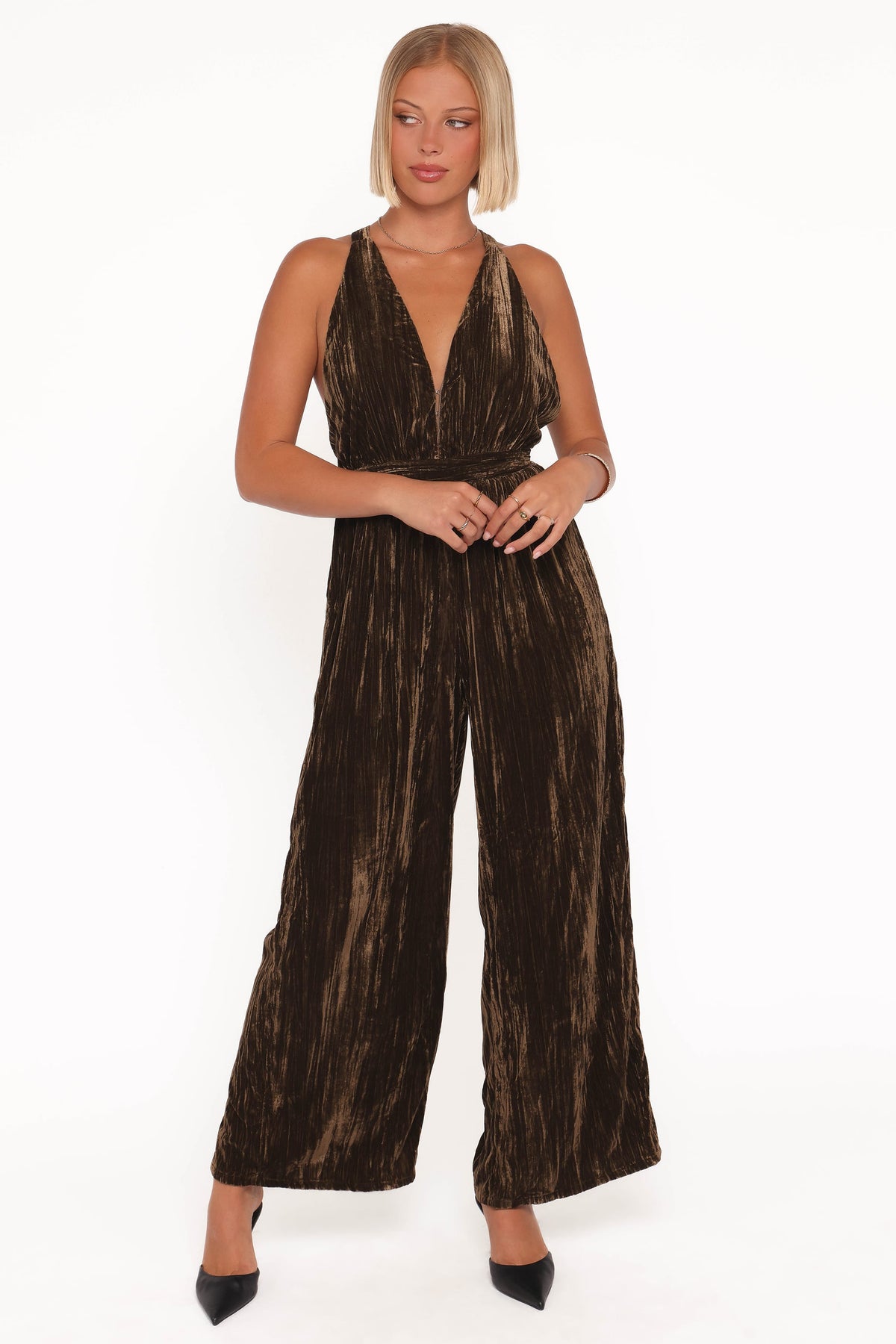 Melody Velvet Jumpsuit in Mocha Olive – view 6 of 7