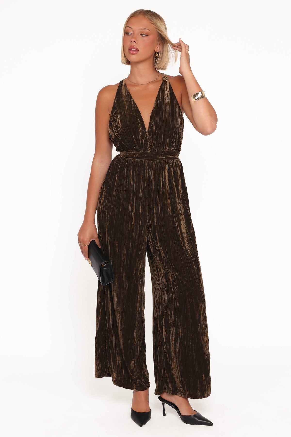 Melody Velvet Jumpsuit in Mocha Olive – view 1 of 7