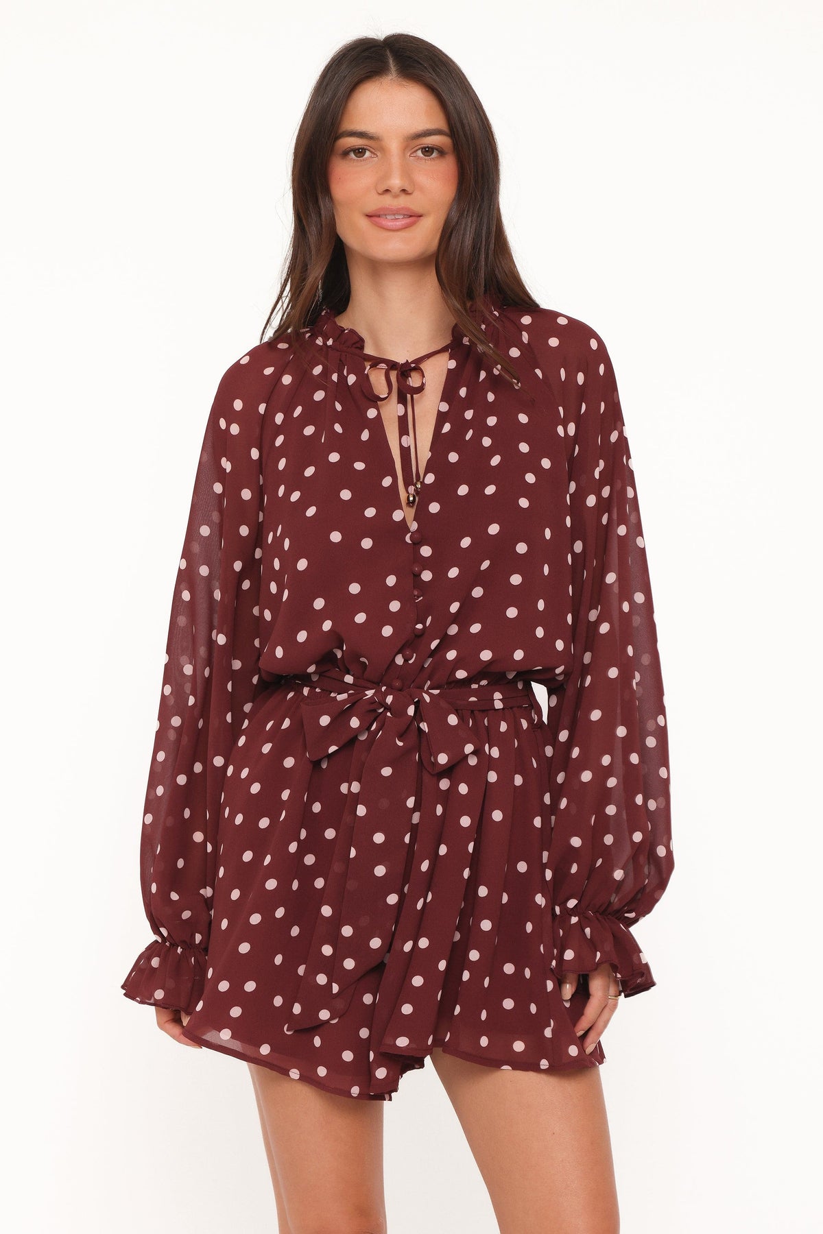 Michelle Romper in Burgundy Polka Dot – view 1 of 6