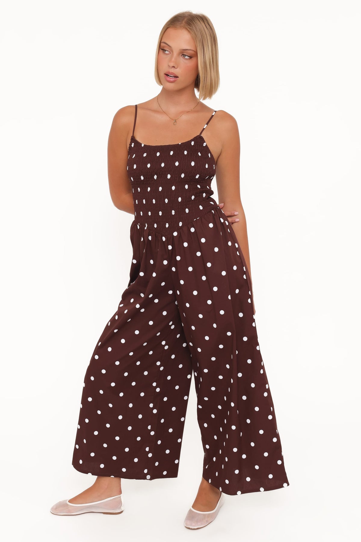 Paloma Jumpsuit in Chocolate Polka Dot – view 1 of 7