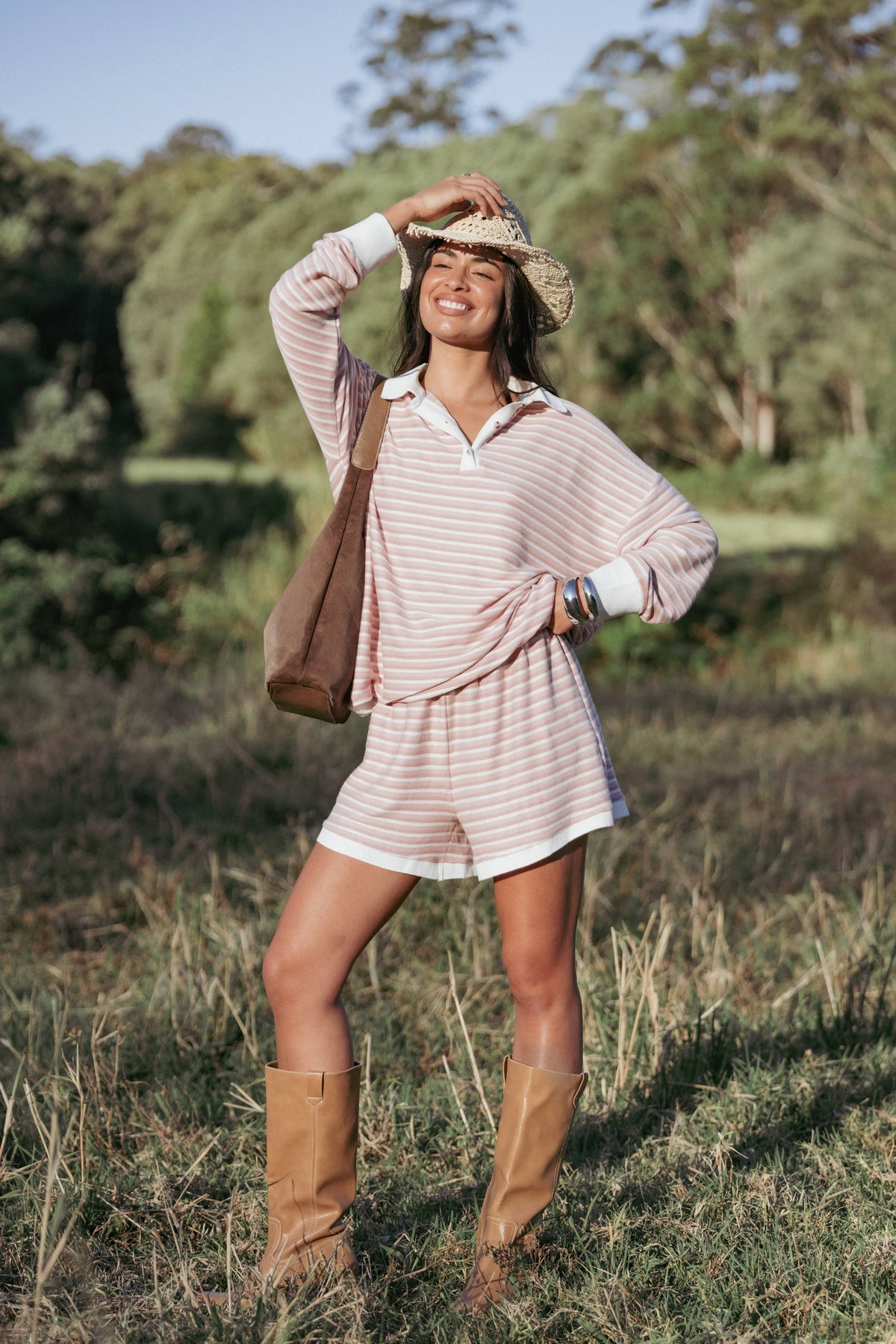 Dealia Knit Short Set in Pink Stripe – view 1 of 7