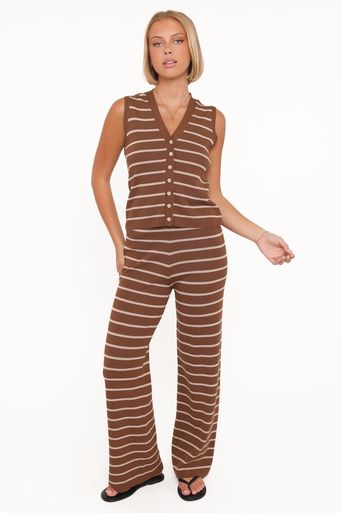 Juna Knitted Pant Set in Brown/Cream Stripe – view 2 of 7