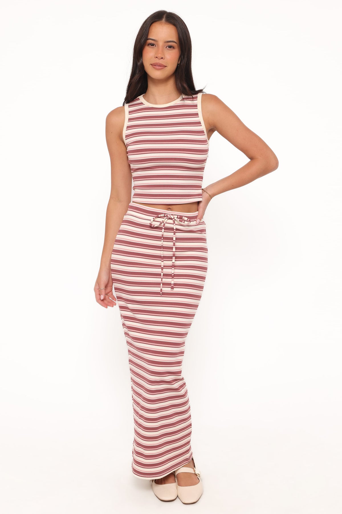 Kelly Maxi Skirt Set in Burgundy/Pink Stripe – view 2 of 10