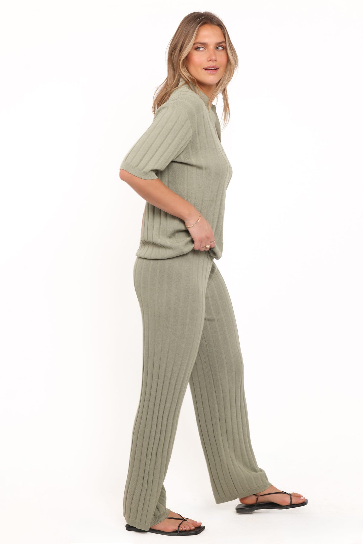 Yulissa Wide Ribbed Pant Set in Khaki Green – view 3 of 7