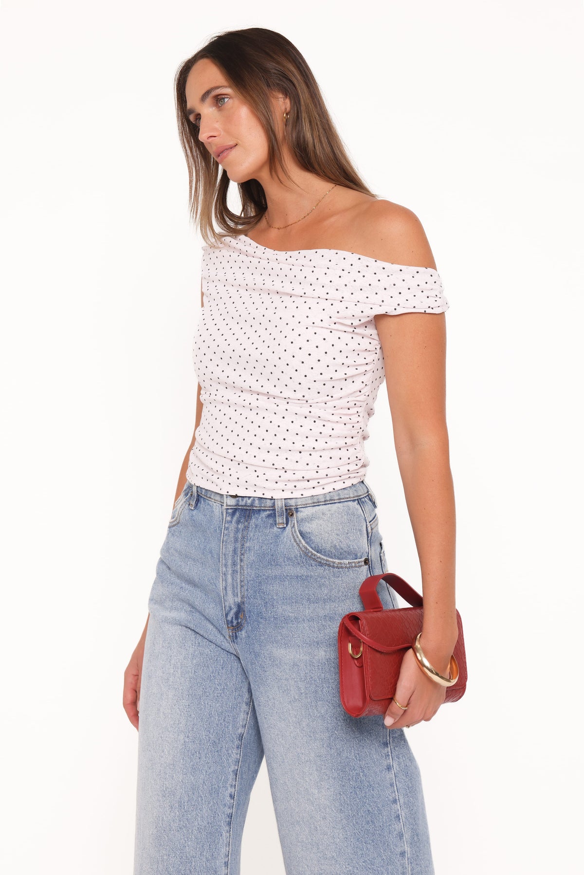 Aaron Off Shoulder Top in Pale Pink Dot – view 2 of 6