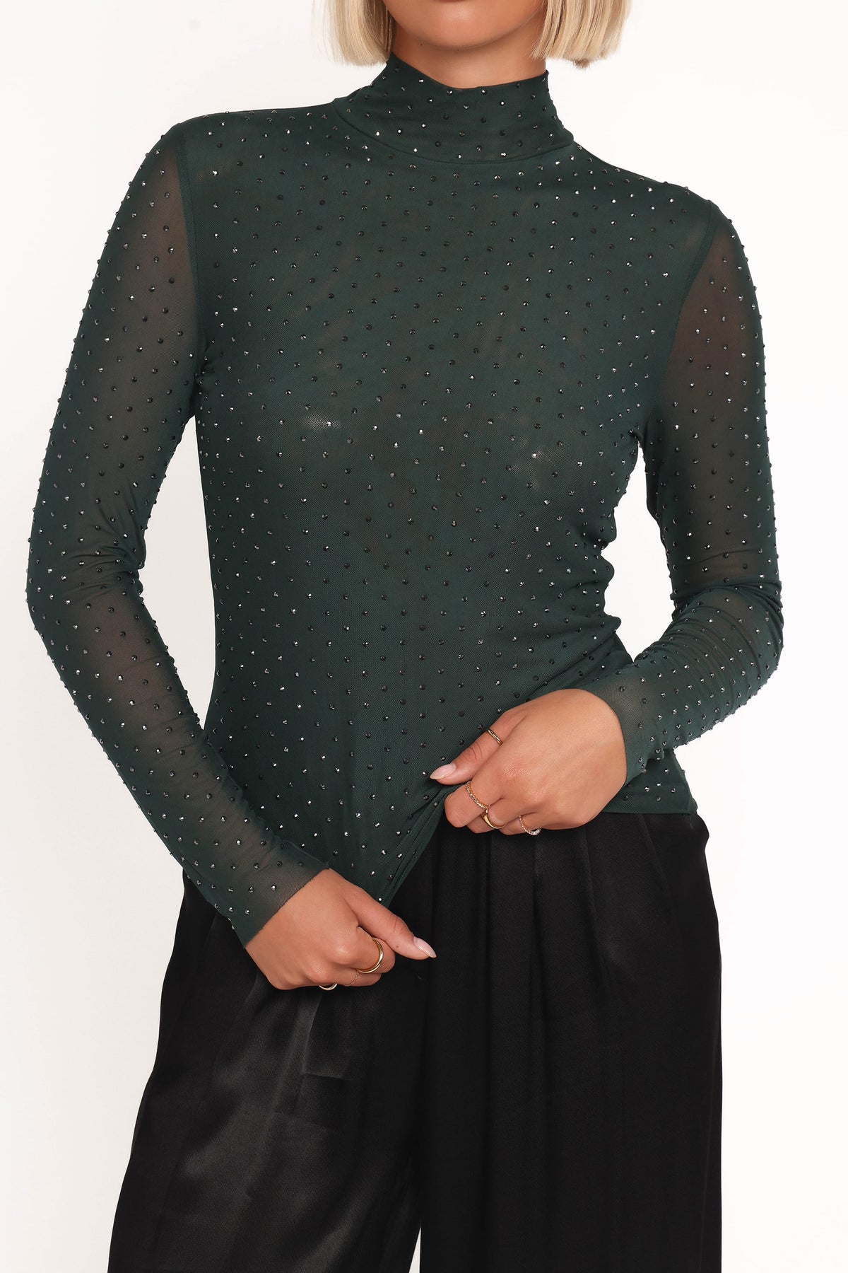 Alejandra Embellished Mesh Top in Hunter Green – view 2 of 6