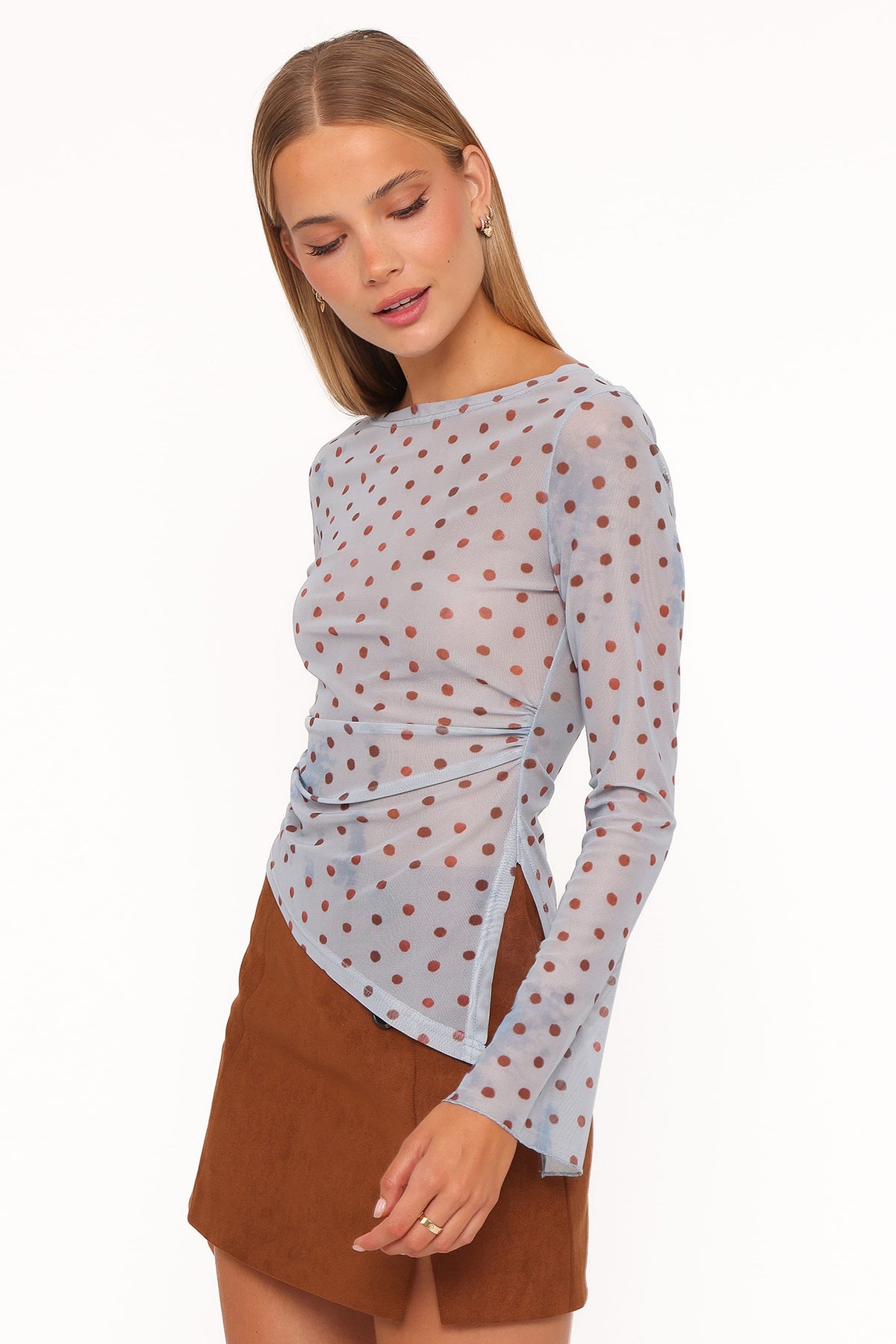 Annora Asymmetrical Mesh Top in Blue Dot – view 3 of 6