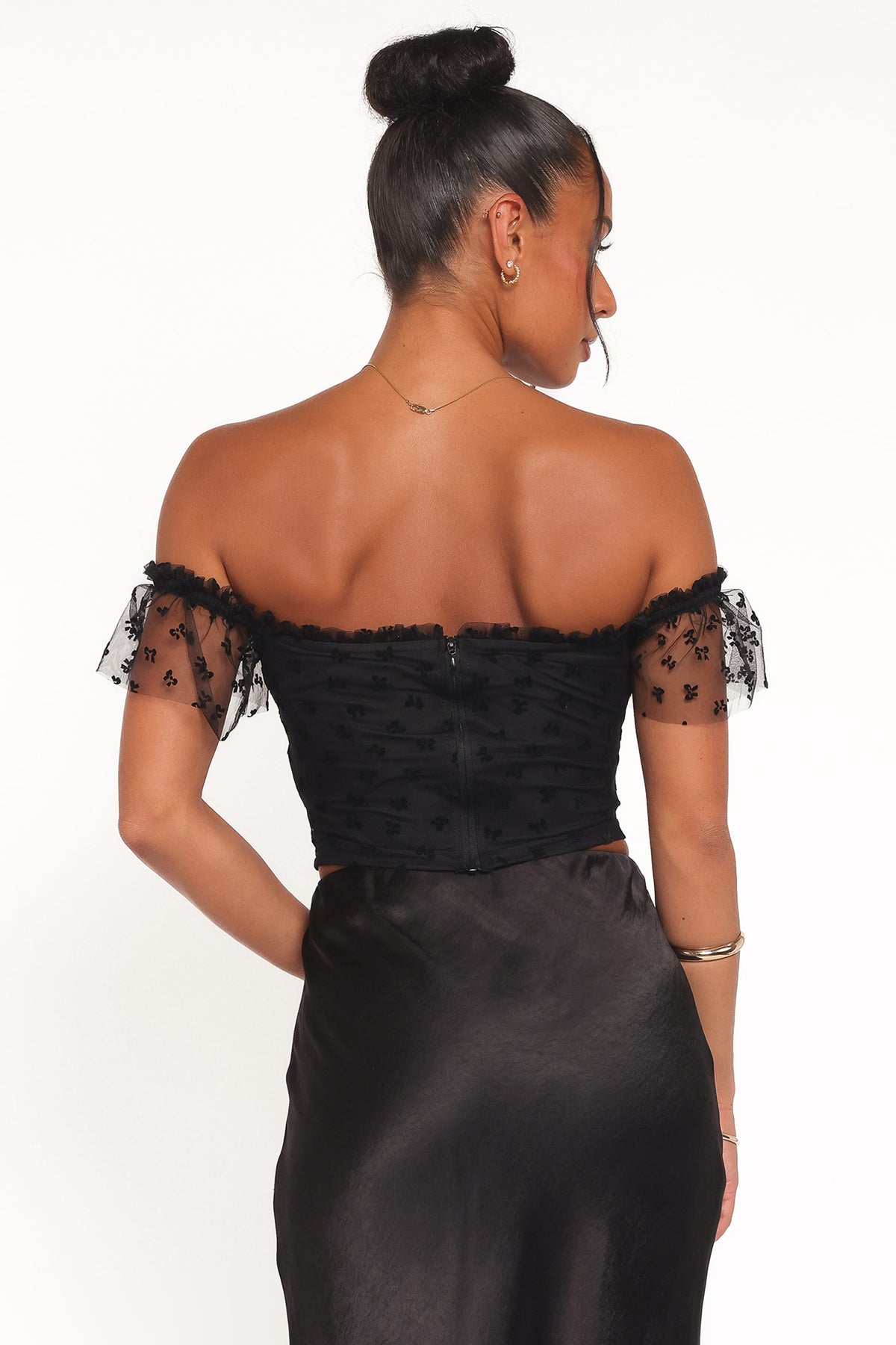 Aster Off Shoulder Mesh Top in Black – view 5 of 7