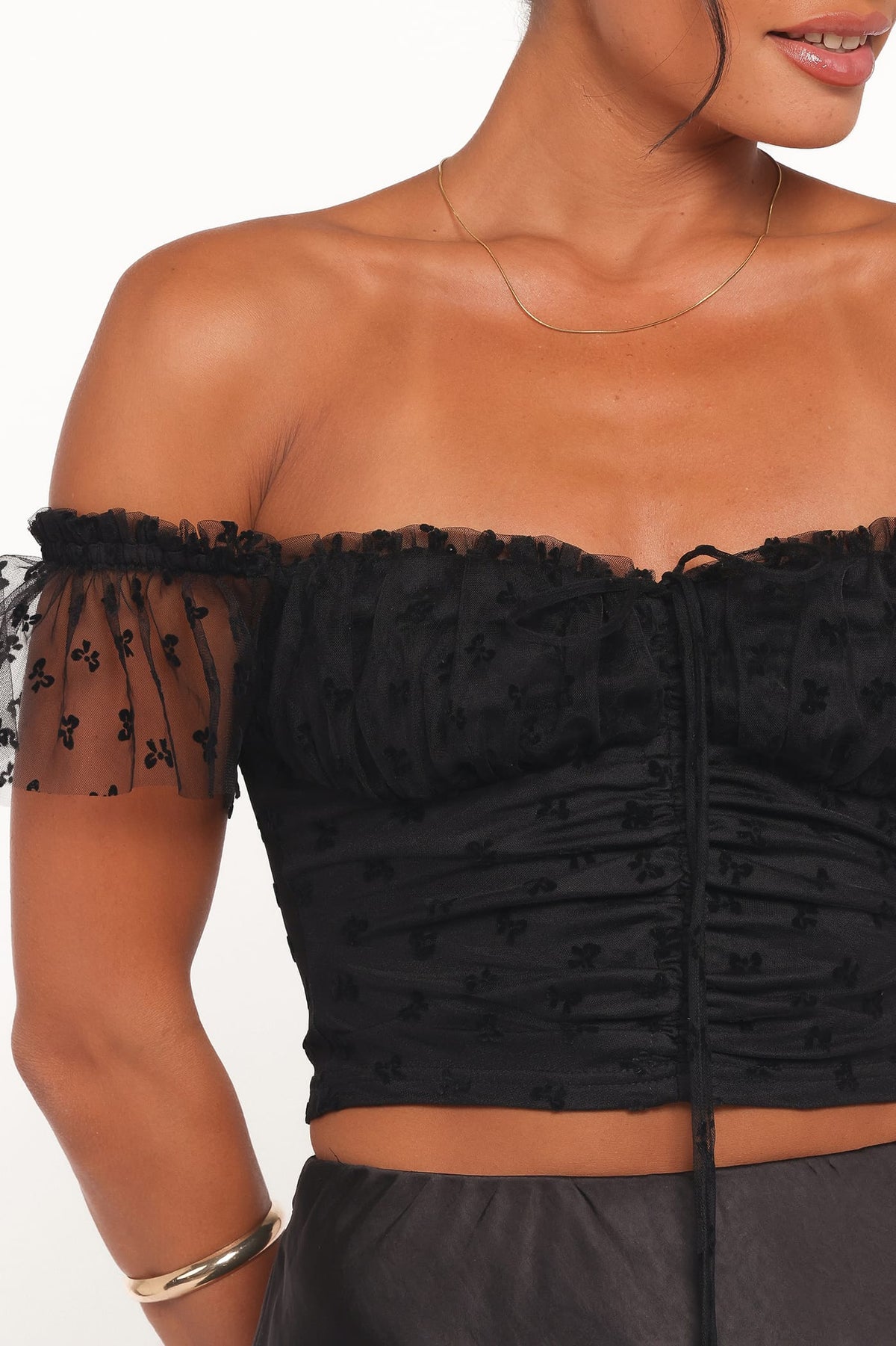 Aster Off Shoulder Mesh Top in Black – view 3 of 7