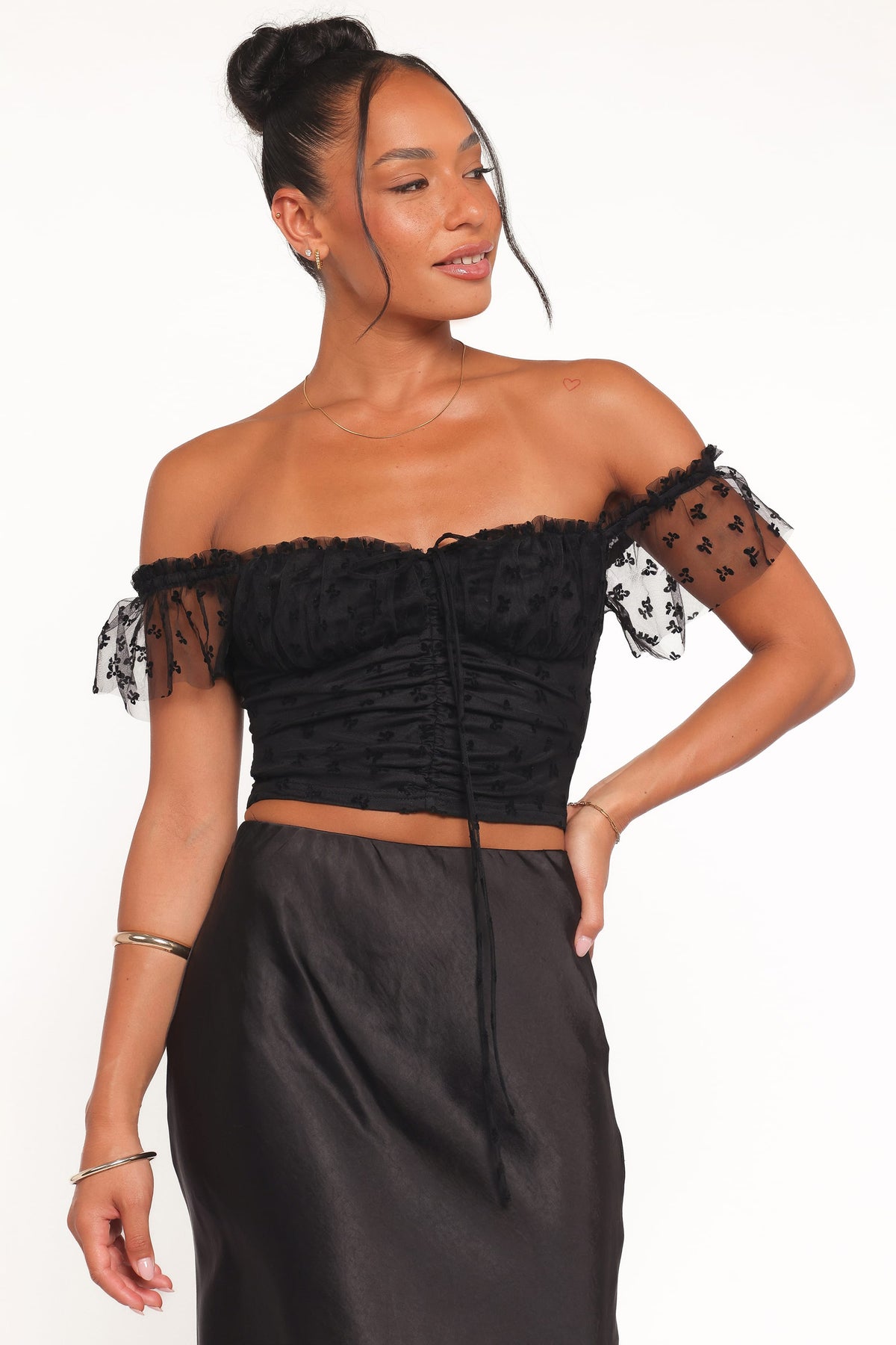 Aster Off Shoulder Mesh Top in Black – view 2 of 7