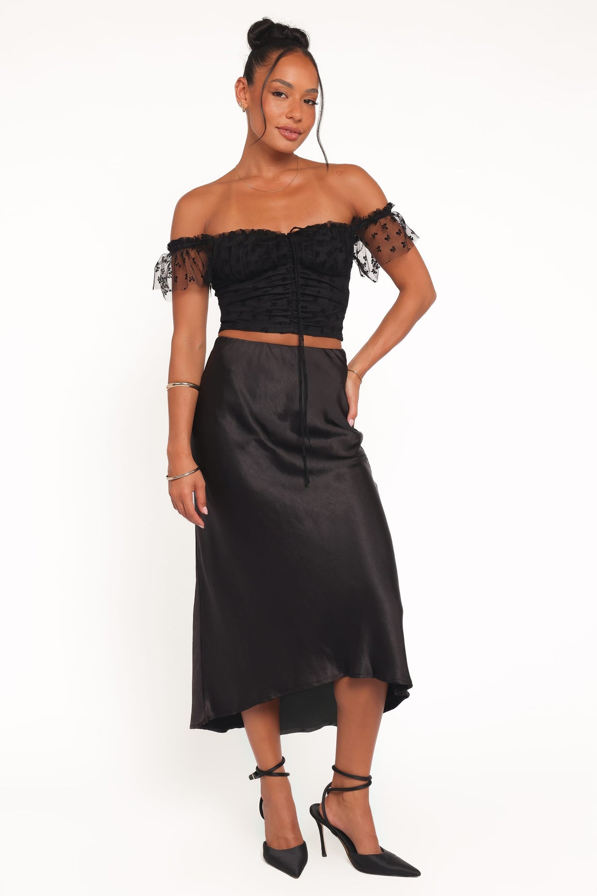 Aster Off Shoulder Mesh Top in Black – view 6 of 7