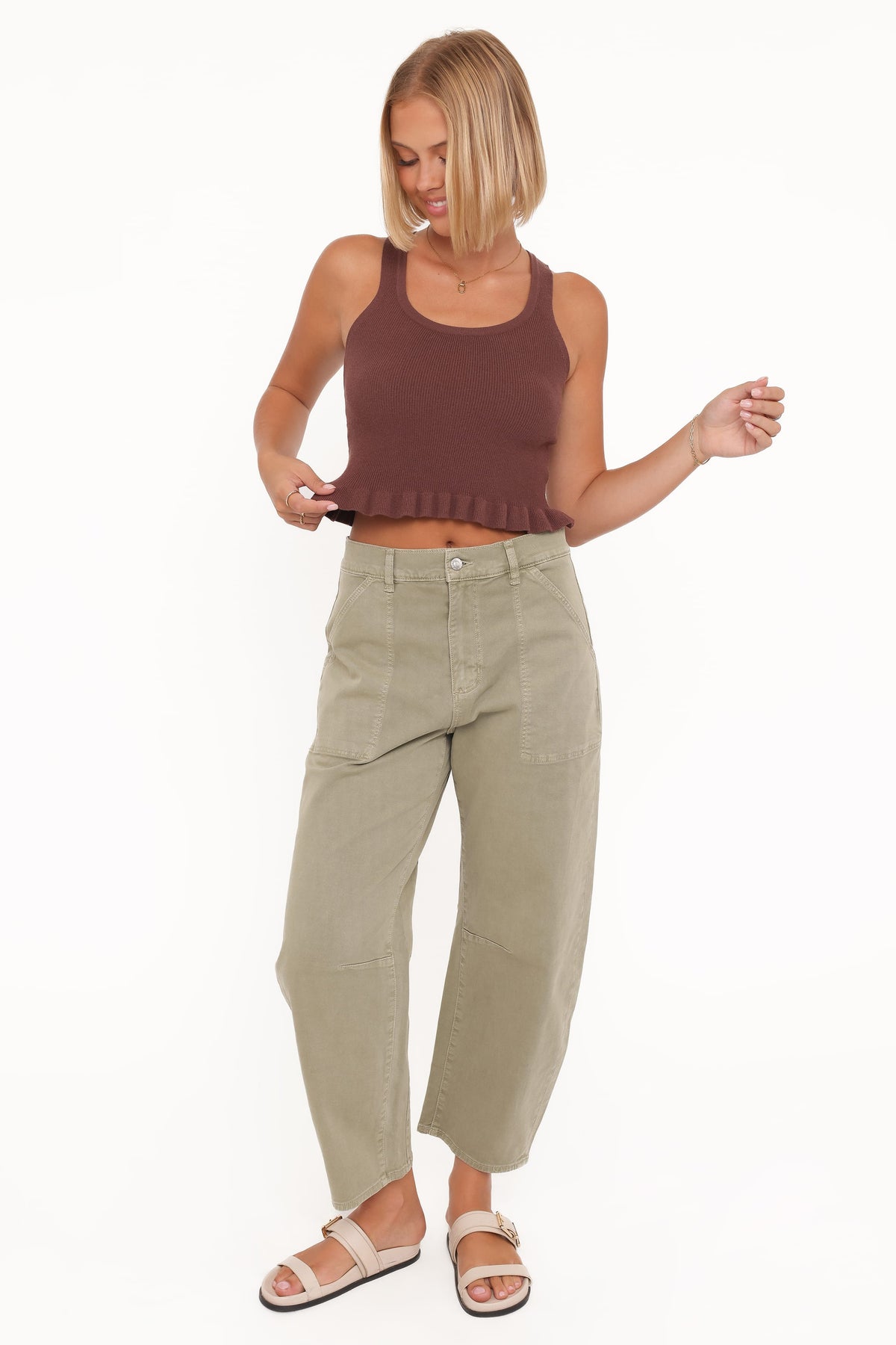 Berenice Ruffle Hem Knitted Top in Brown – view 6 of 8