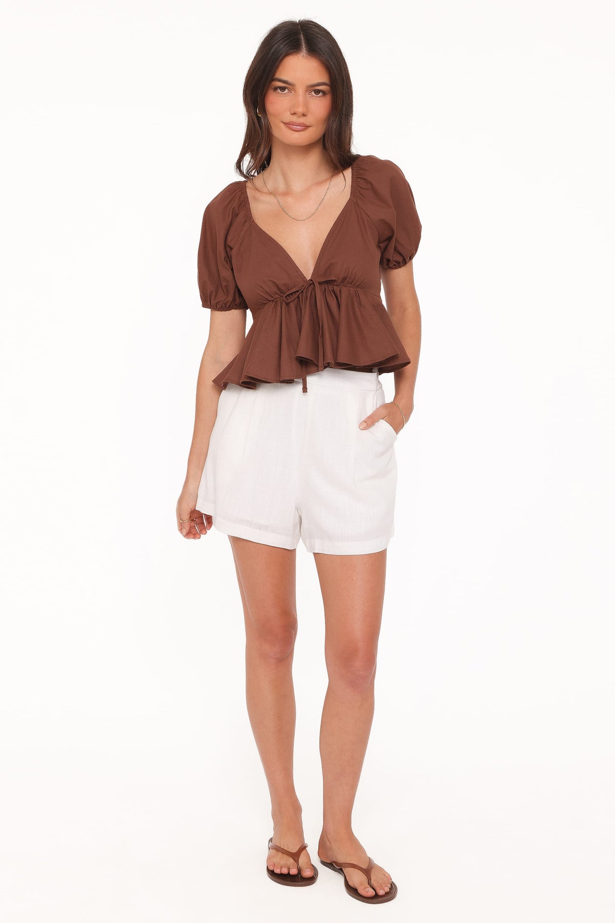 Brienne Tie Front Top in Chocolate – view 5 of 7