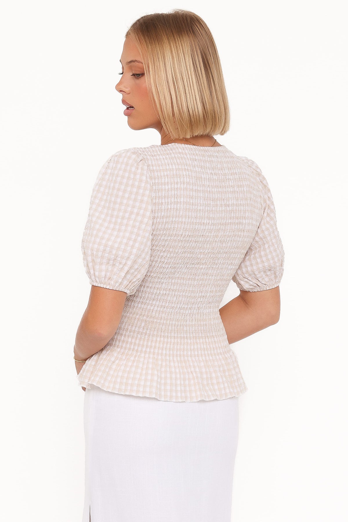 Callista Shirred Waist Top in Beige Gingham – view 5 of 8