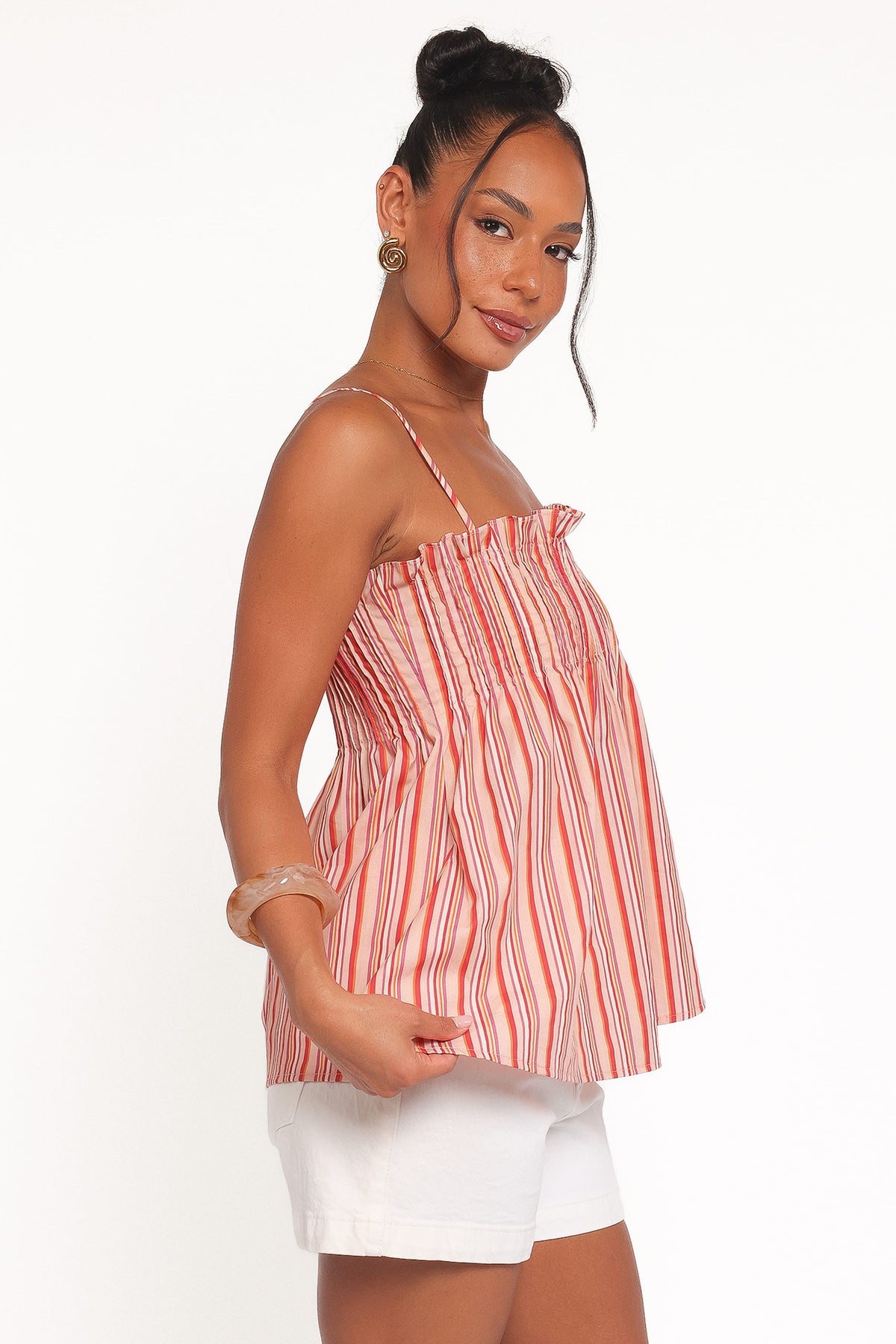 Carson Pleated Top in Peach Stripe – view 4 of 9