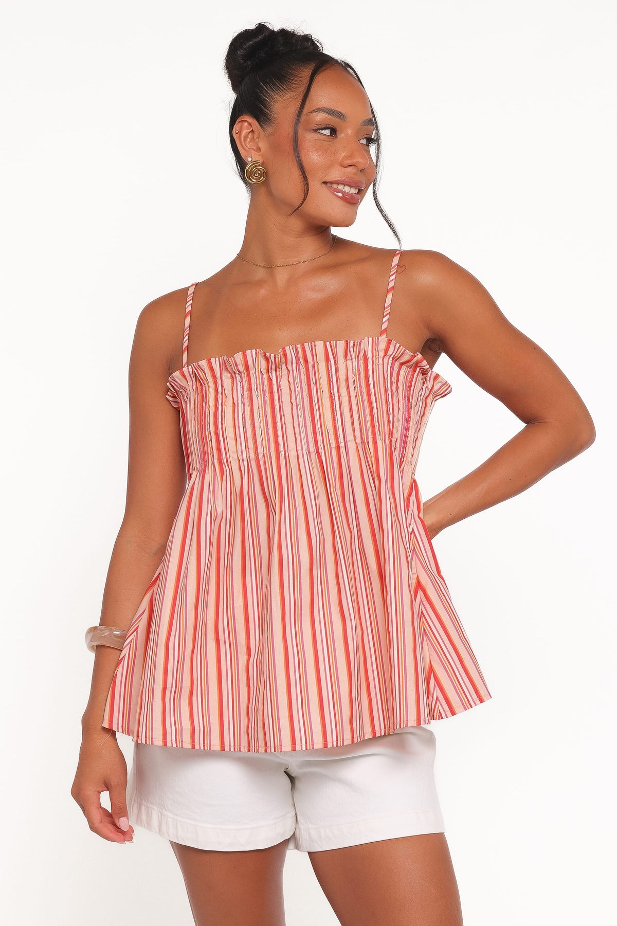 Carson Pleated Top in Peach Stripe – view 2 of 9