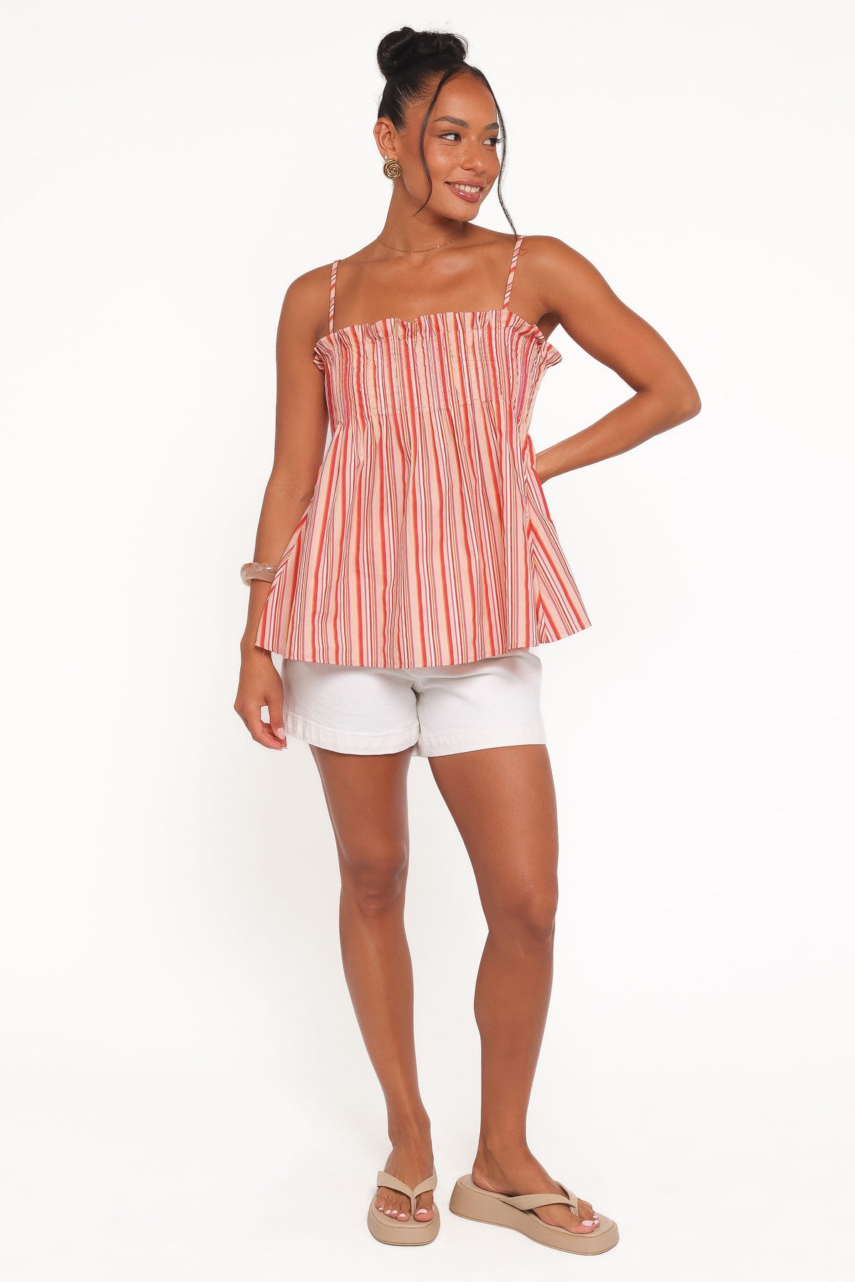 Carson Pleated Top in Peach Stripe – view 6 of 9