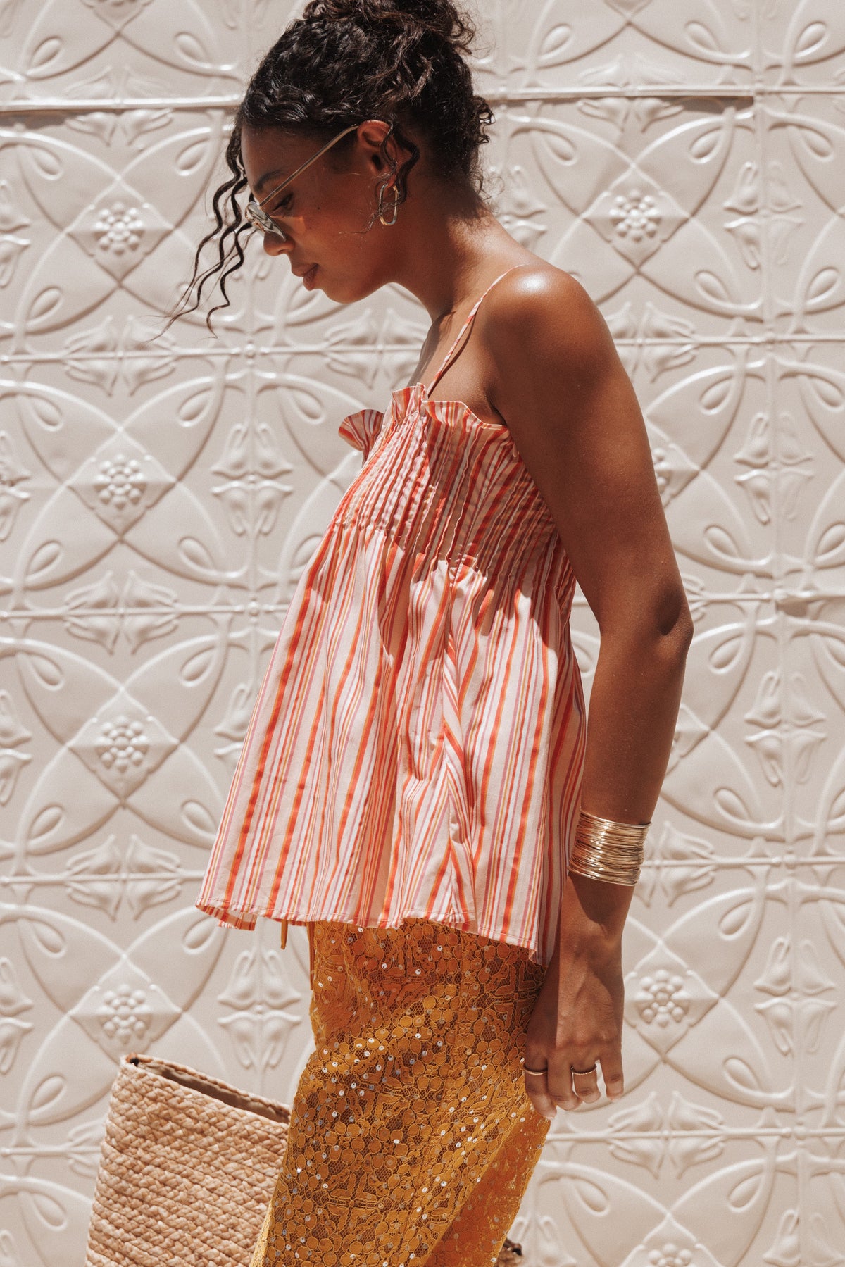 Carson Pleated Top in Peach Stripe – view 9 of 9