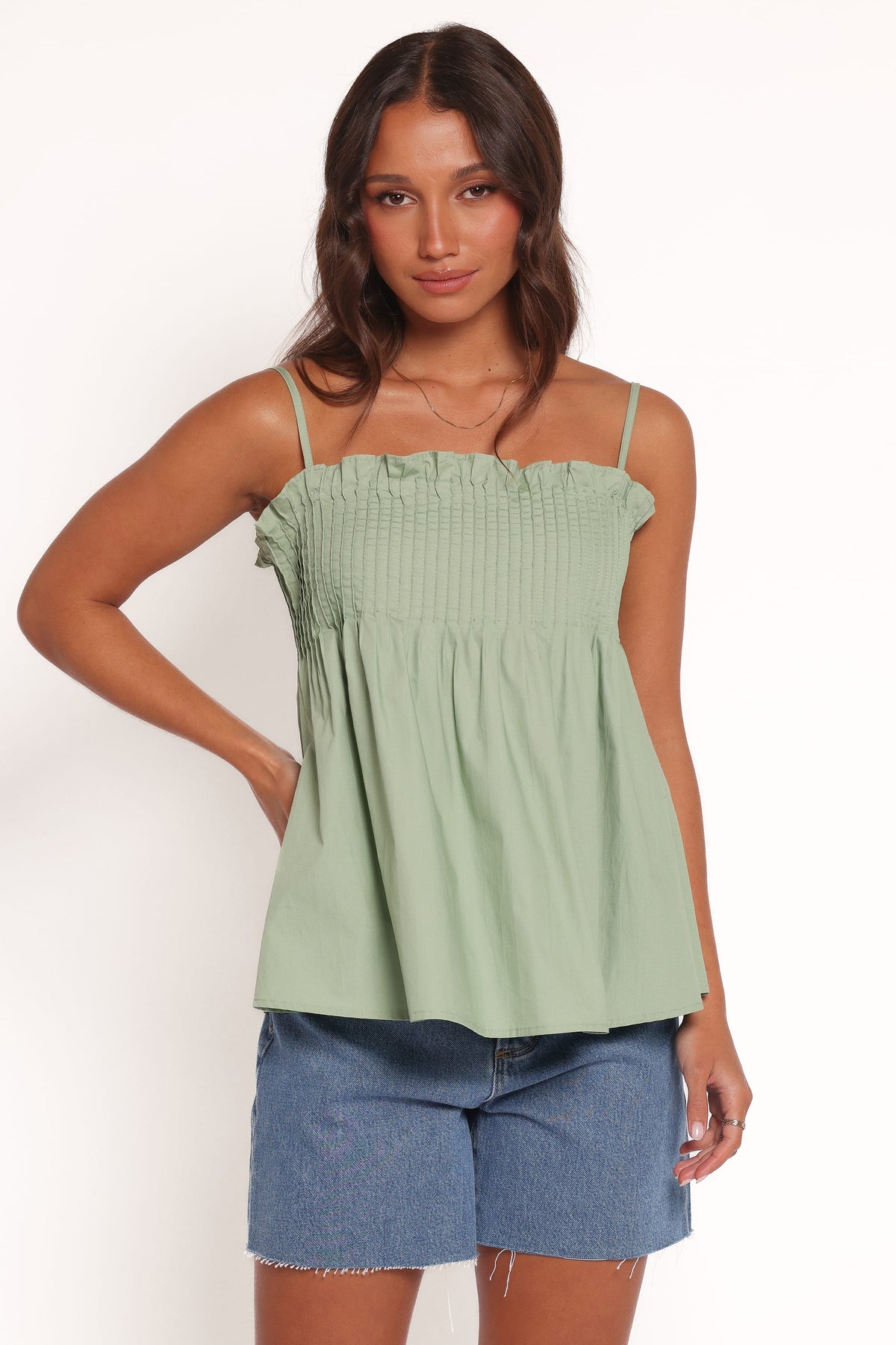 Carson Pleated Top in Sage Green – view 1 of 6