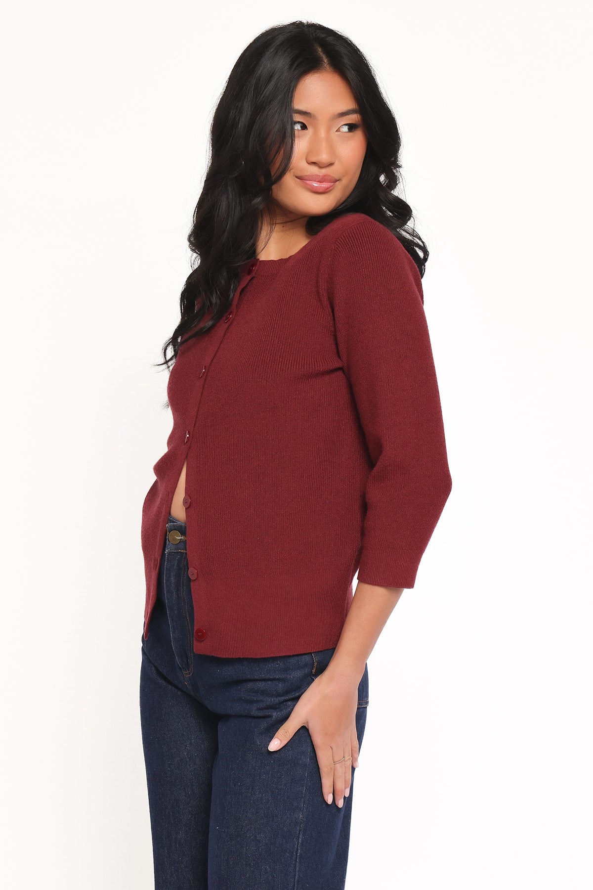 Cataline Button Front Top in Wine – view 3 of 6